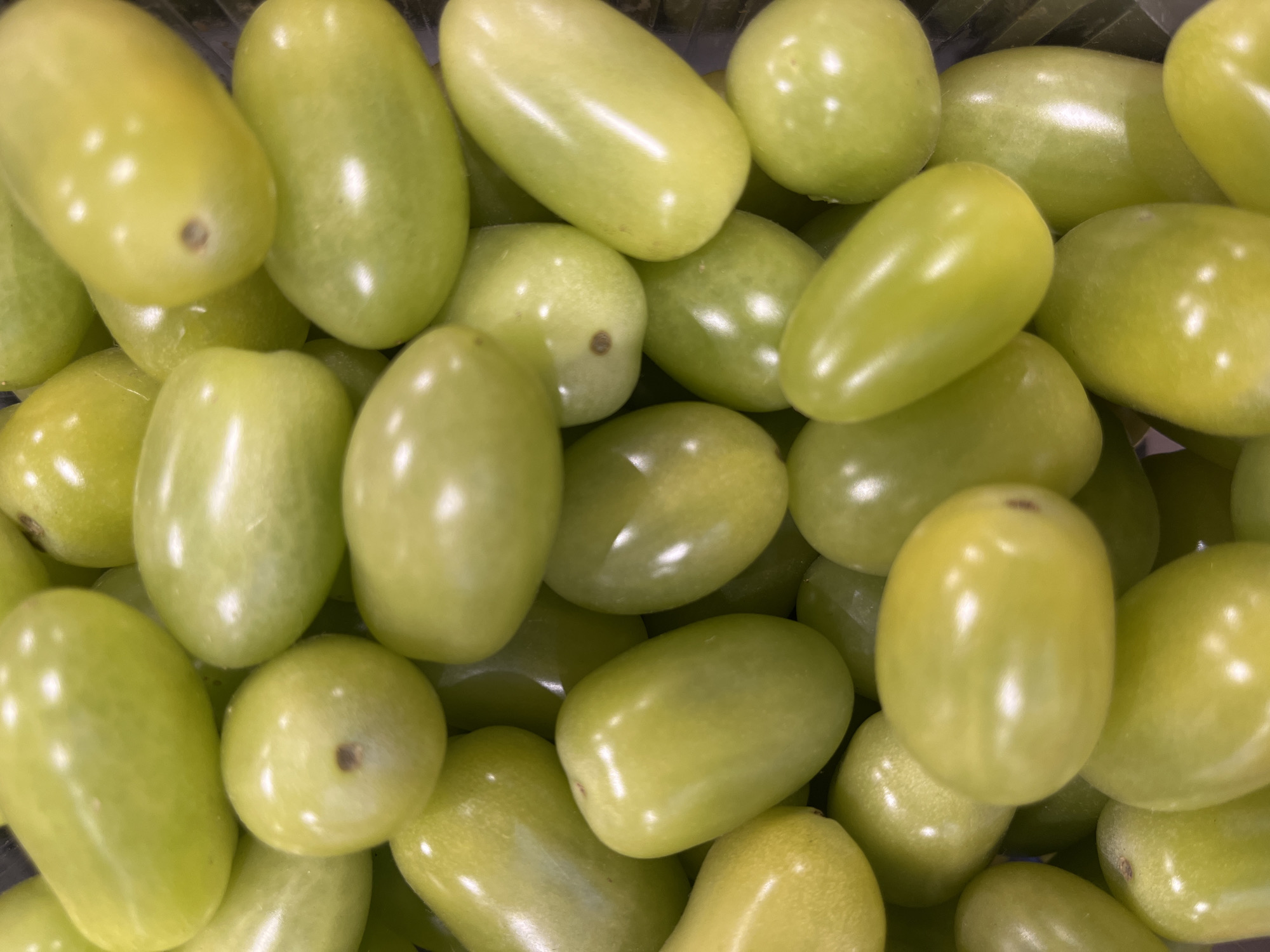 A close-up, overhead shot displays a pile of ripe, green grapes, with some appearing more elongated and others more oval. The grapes have a smooth, glossy skin, and highlights indicate a bright light source. The background is dark and out of focus, suggesting a container or a dark surface. There is no discernible location in the city of Astana, Kazakhstan, nor are there any people or actions depicted. The image is solely focused on the texture, color, and form of the grapes.