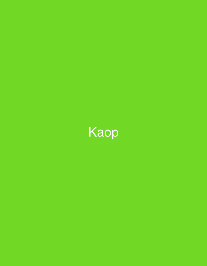 The image presents a solid, uniform field of bright, lime-green color. Centered horizontally and slightly above the vertical midpoint, the word "Kaop" is displayed in white, sans-serif typography. The background is completely flat, devoid of any textures, patterns, shadows, or variations in hue. There are no discernible people, subjects, objects, actions, or interactions depicted in the scene. The environment is entirely abstract, a purely graphic composition. The image contains no visual cues, landmarks, or geographical indicators that would suggest a specific location in Casablanca, Morocco, or any other real-world setting.