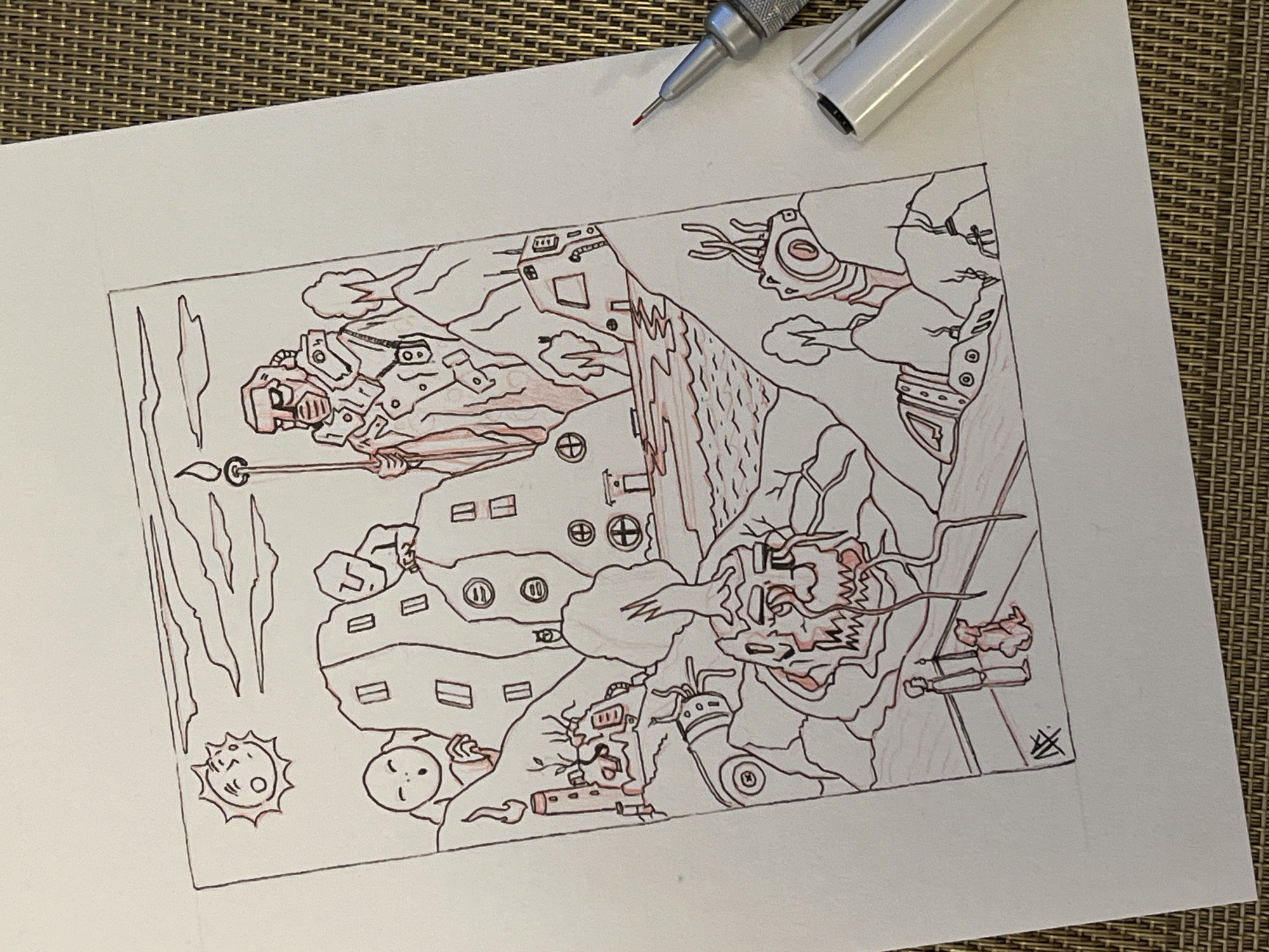 The image depicts a hand-drawn illustration on a white paper background. The illustration appears to show a scene in a stylized city, potentially post-apocalyptic or fantasy-themed, with various buildings, characters, and mechanical elements drawn in red ink. The characters include humanoids with exaggerated features, some wielding weapons or mechanical devices. One character is holding a flaming torch. The buildings are simple, rectangular shapes with circles for windows, while other structures seem to be more mechanical. A small sun is drawn in the corner. The illustration is framed by lines. A gray pen and a white pen cap are on top of the paper.