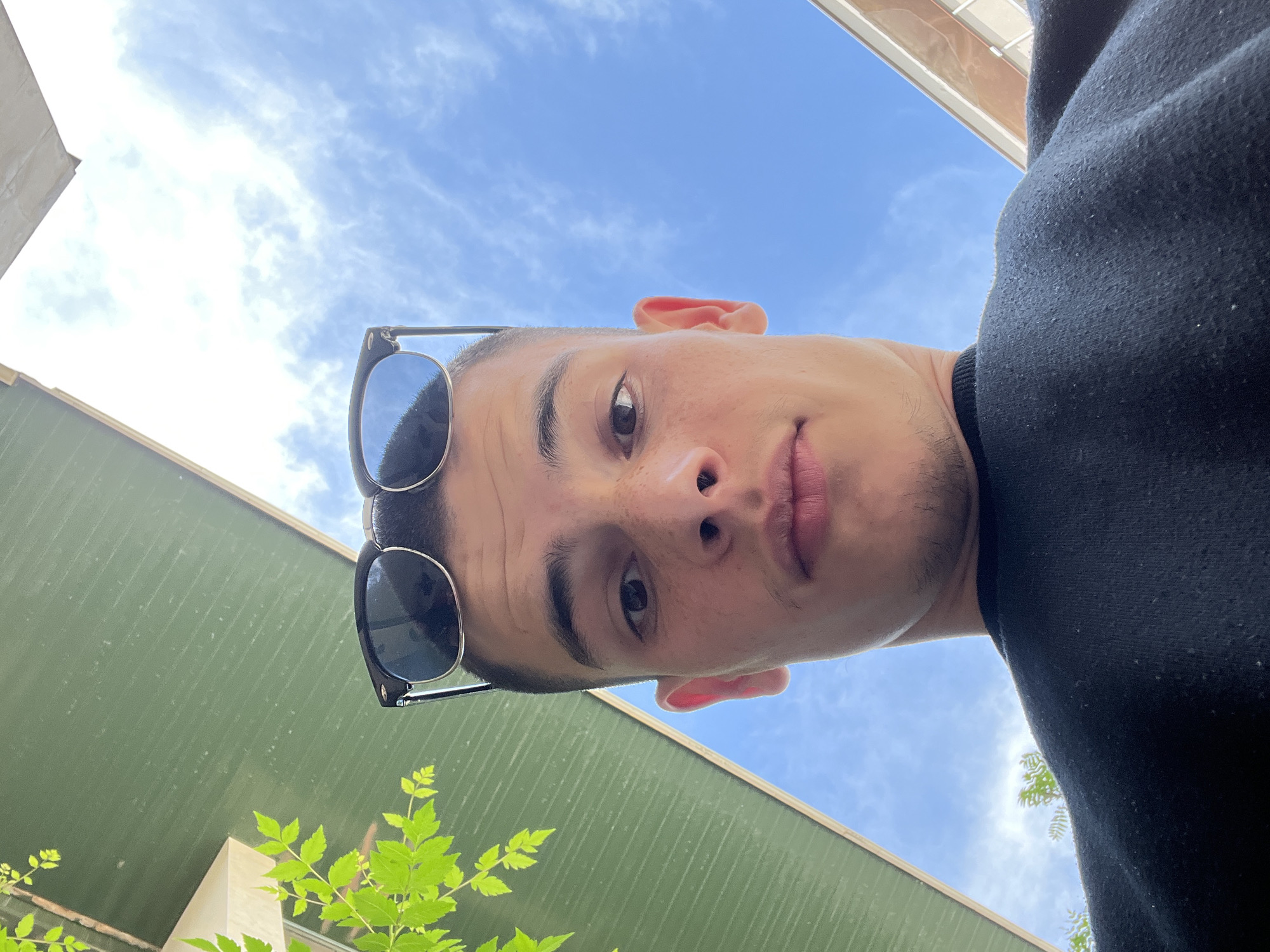 A selfie taken at a low angle depicts a fair-skinned young man with short, dark hair. He has sunglasses perched atop his head. His features include brown eyes, a slightly upturned nose, and visible freckles.
He is wearing a black garment, likely a sweater or sweatshirt. The background shows a clear blue sky dotted with thin, white clouds. A green-colored wall or fence and some foliage with bright green leaves are also visible in the lower portion of the frame. The location is not identifiable as Plovdiv, Bulgaria from the visible details.