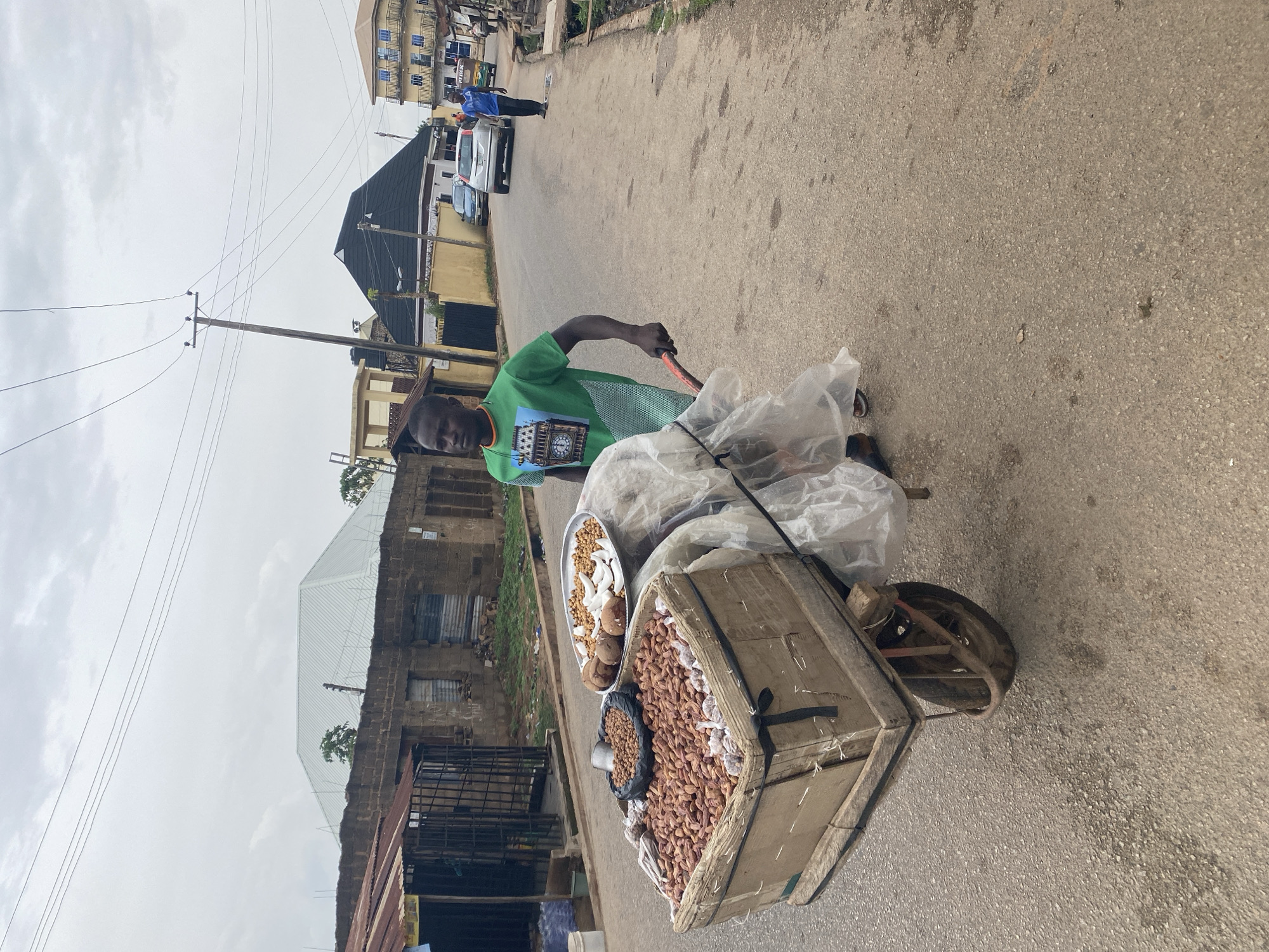 This image captures a street scene in Jos, Nigeria, focusing on a young male street vendor. The vendor, clad in a green t-shirt featuring a graphic resembling the Big Ben clock tower, stands in the foreground, pushing a wooden cart. He looks directly towards the camera with a neutral expression.
His cart is heavily loaded with goods for sale. A large wooden crate on the cart is filled with groundnuts (peanuts) in their shells. Adjacent to this, a black bag contains smaller, shelled groundnuts. On a silver tray, there are peeled groundnuts, some white pieces (possibly coconut), and a few round, brown items that could be kola nuts. Transparent plastic bags are also visible on the cart, likely used for packaging or holding additional merchandise.
The setting is an asphalt or paved road, appearing somewhat worn. Various buildings line the street, exhibiting a mix of brick/concrete construction and tin roofs, typical of urban or semi-urban areas in Nigeria. A wooden utility pole with several power lines extends across the upper part of the frame. Further down the street, a white car and other vehicles are visible, along with two other individuals, one wearing a blue shirt. The sky is overcast, indicating a cloudy daytime. The scene depicts a common aspect of street vending and daily life in the region.
