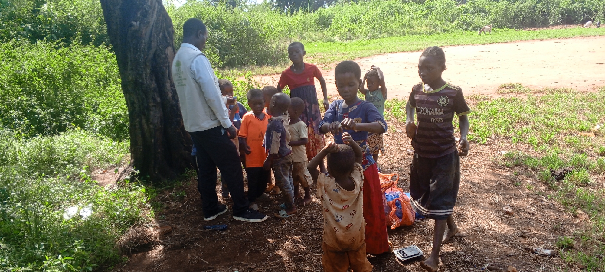 In Ngalula, Democratic Republic of the Congo, a group of approximately ten individuals, primarily children, stand outdoors near a tree. One adult male stands to the left, while the rest of the group is centered. Some children are barefoot; others wear sandals or shoes. Clothing varies; some wear bright colors, others patterned fabrics. A bag sits on the ground near the center. Beyond the group, a dirt path leads to a grassy field where a few goats are grazing. Vegetation, including shrubs and grass, surround the area.