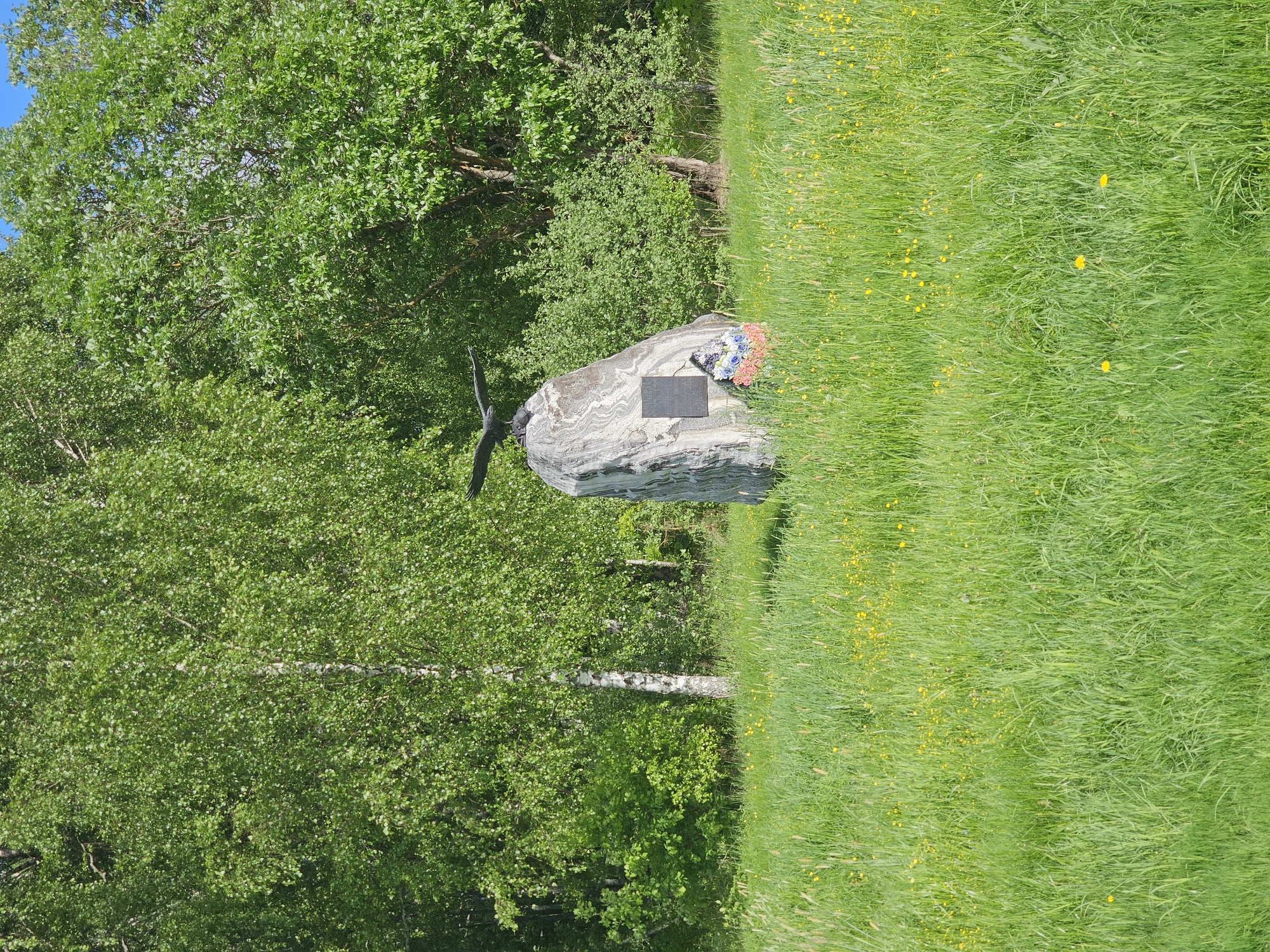 The image depicts a memorial stone in a grassy field in Borodino, Russia. The stone is gray and layered, with a dark metal plaque and a wreath of artificial flowers. A black metal cross is attached to the stone. Lush green trees surround the memorial and tall grass covers the field.