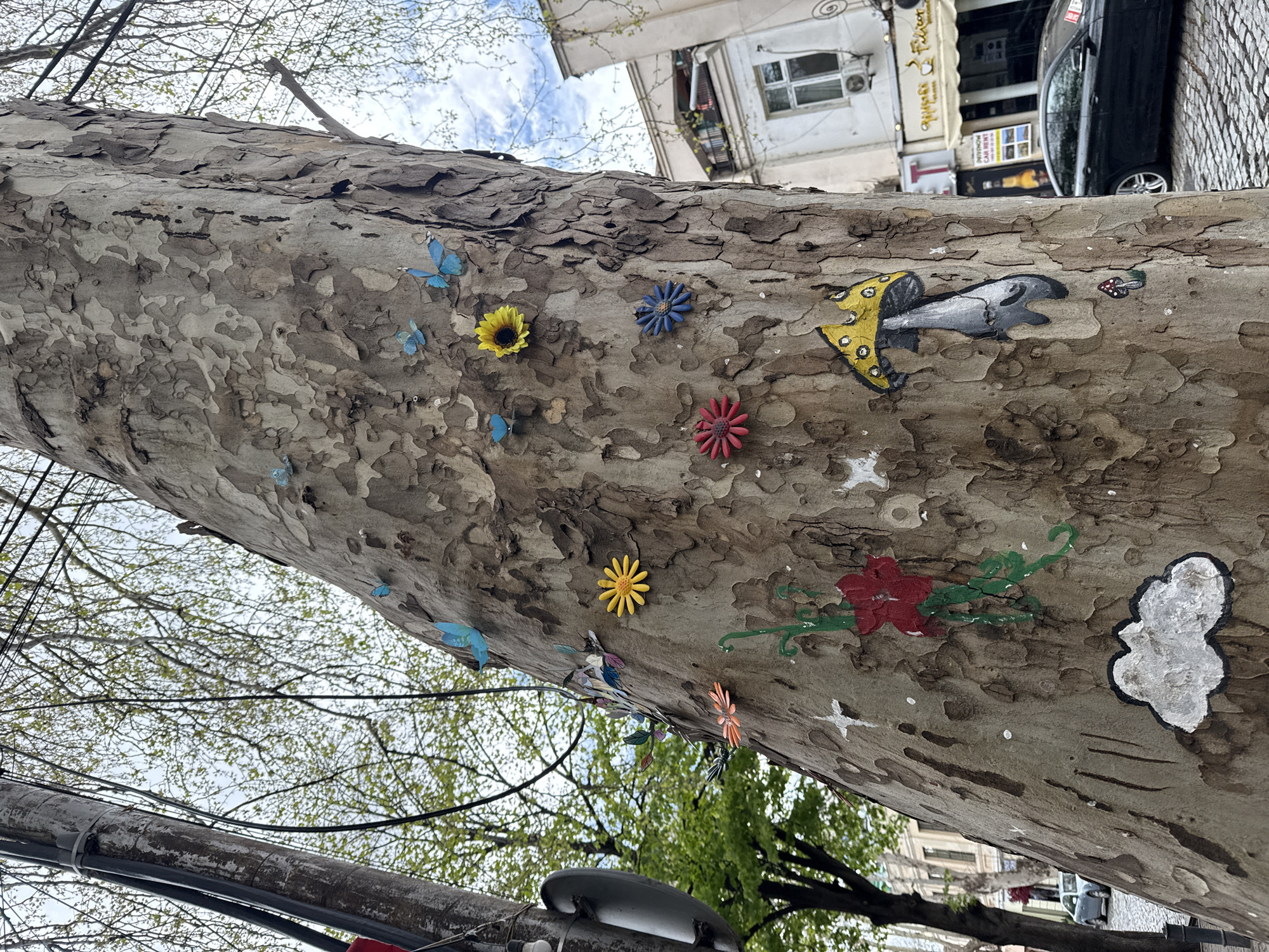 A tree trunk is adorned with whimsical decorations in the city of Tbilisi, Georgia. Various flowers and butterflies, rendered in bright colors, are affixed to the bark. A cartoonish gray shark with a yellow diving helmet is also present. A white cloud is painted onto the trunk. The surrounding environment includes buildings and green foliage, suggesting an urban setting. Utility poles and wires are visible in the foreground.