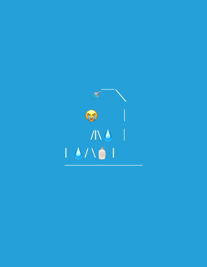 The image displays a simplified, emoji-based depiction of a person crying in a shower, set against a solid blue background. White lines sketch the outline of a shower stall, including a horizontal base, vertical sides, and angled top sections.
At the top left, a silver showerhead emoji (🚿) is shown, emitting small blue water effects. Below and slightly to the right of the showerhead, a yellow crying face emoji (😭) represents a person, with prominent tears flowing. Several blue water droplet emojis (💧) are scattered around the crying face, suggesting water from the shower and potentially the person's tears.
On the floor of the shower, represented by the bottom white line, a white bottle emoji (🧴), likely indicating soap or shampoo, is placed. The overall scene conveys a sense of sadness or distress, with the crying emoji central to the emotional narrative of showering while upset. There is no visible text in the image.