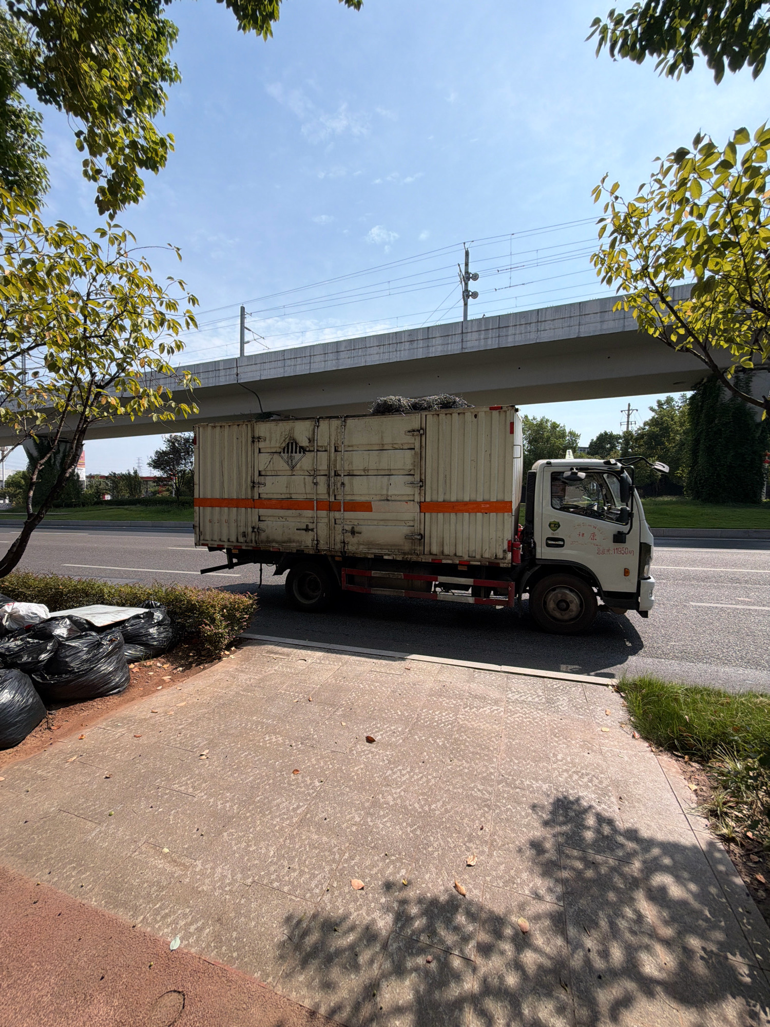 A side view of a white cargo truck with a cream-colored container is parked on a street in Jiangjin, China, under a concrete overpass. The truck has orange stripes along the side of its container and a license plate that is partially obscured by a black mud flap. There is some text in Chinese on the truck's door. In the foreground, to the left of the truck, are several black trash bags piled on the sidewalk. The sidewalk is paved with light-colored tiles, and there are fallen leaves scattered on it. Green trees with yellowing leaves hang over the scene from above, casting shadows on the ground. Beyond the truck, the street continues, with a lane for vehicles. In the background, the overpass continues, and trees and buildings are visible. The sky is blue with scattered white clouds.