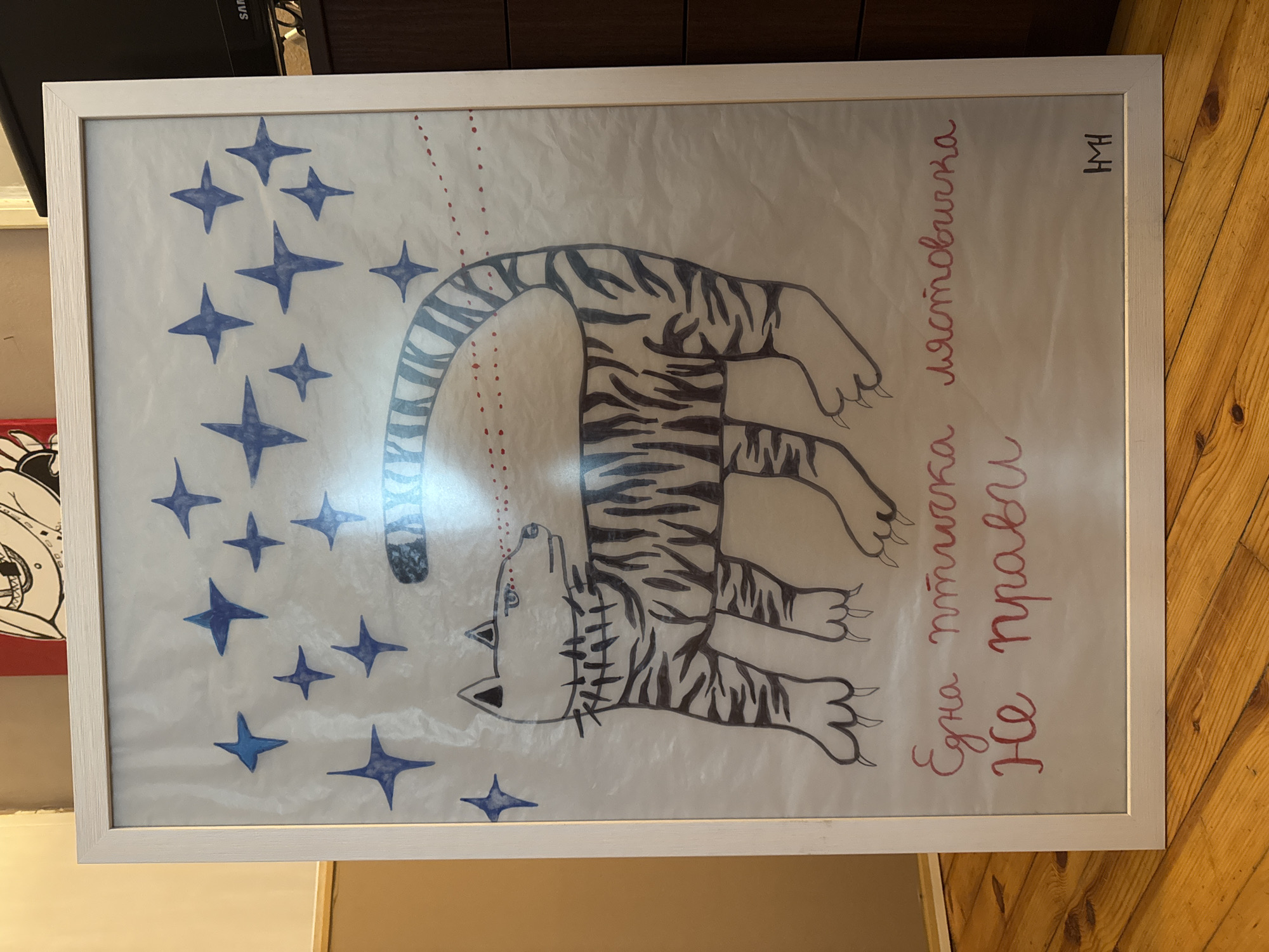 A framed, hand-drawn picture, oriented sideways, is the central focus of the image. The drawing depicts a cartoon-style tiger lying on its back, rendered with black outlines and stripes. Its head is tilted upwards, looking towards a series of red dotted lines that emanate from above its head and extend towards the top of the frame. Numerous four-pointed blue stars are scattered across the white background, surrounding the tiger. The paper inside the white frame appears slightly textured or creased.
In the bottom right portion of the drawing, red Cyrillic text is visible, which reads: "Една птичка лястовичка не прави." Above this text, in the top right corner of the drawing, are the black Cyrillic initials "НМН." The phrase translates from Bulgarian to "One bird does not make a swallow," an idiom akin to "One swallow does not a summer make."
The framed artwork rests indoors, with a wooden floor visible in the foreground and to the right. In the background, to the top left, a black electronic device partially shows the text "SAMS," likely part of a brand name like "SAMSUNG." A bright reflection or glare is present across the surface of the framed picture.