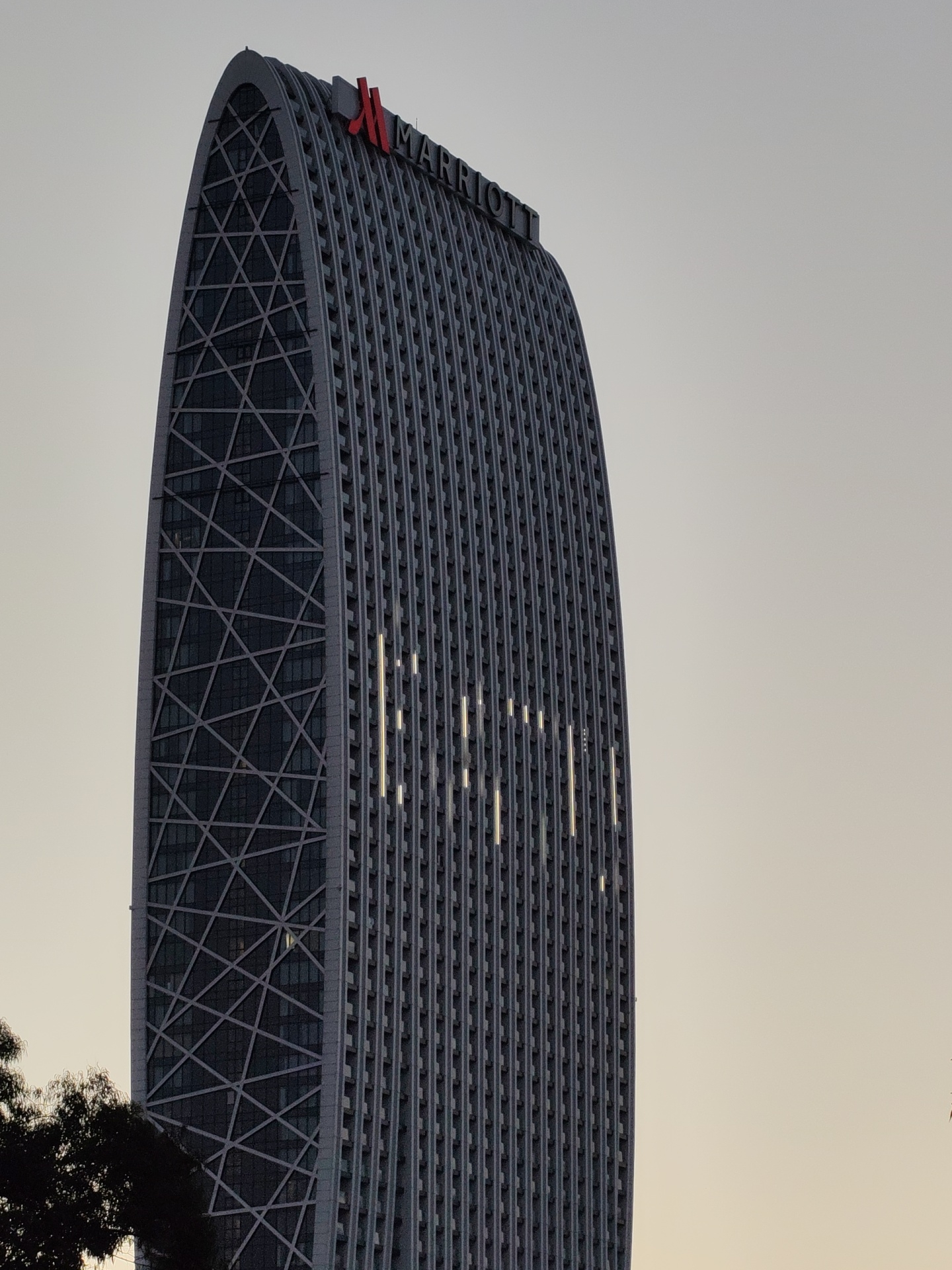 The image shows the distinctive arched shape of the Marriott Hotel in Batumi, Georgia. The building's facade is characterized by a repeating pattern of vertical lines, with a section on the left featuring a geometric lattice of diagonal lines overlaying dark windows. The Marriott logo, with its iconic red "M," is prominently displayed at the top of the building. The sky behind the hotel is a pale, muted gradient, suggesting either early morning or late evening light. In the lower left corner, a dark, silhouetted tree branches partially obscure the view of the building. Lights are visible in some of the windows, creating vertical streaks of illumination on the facade.