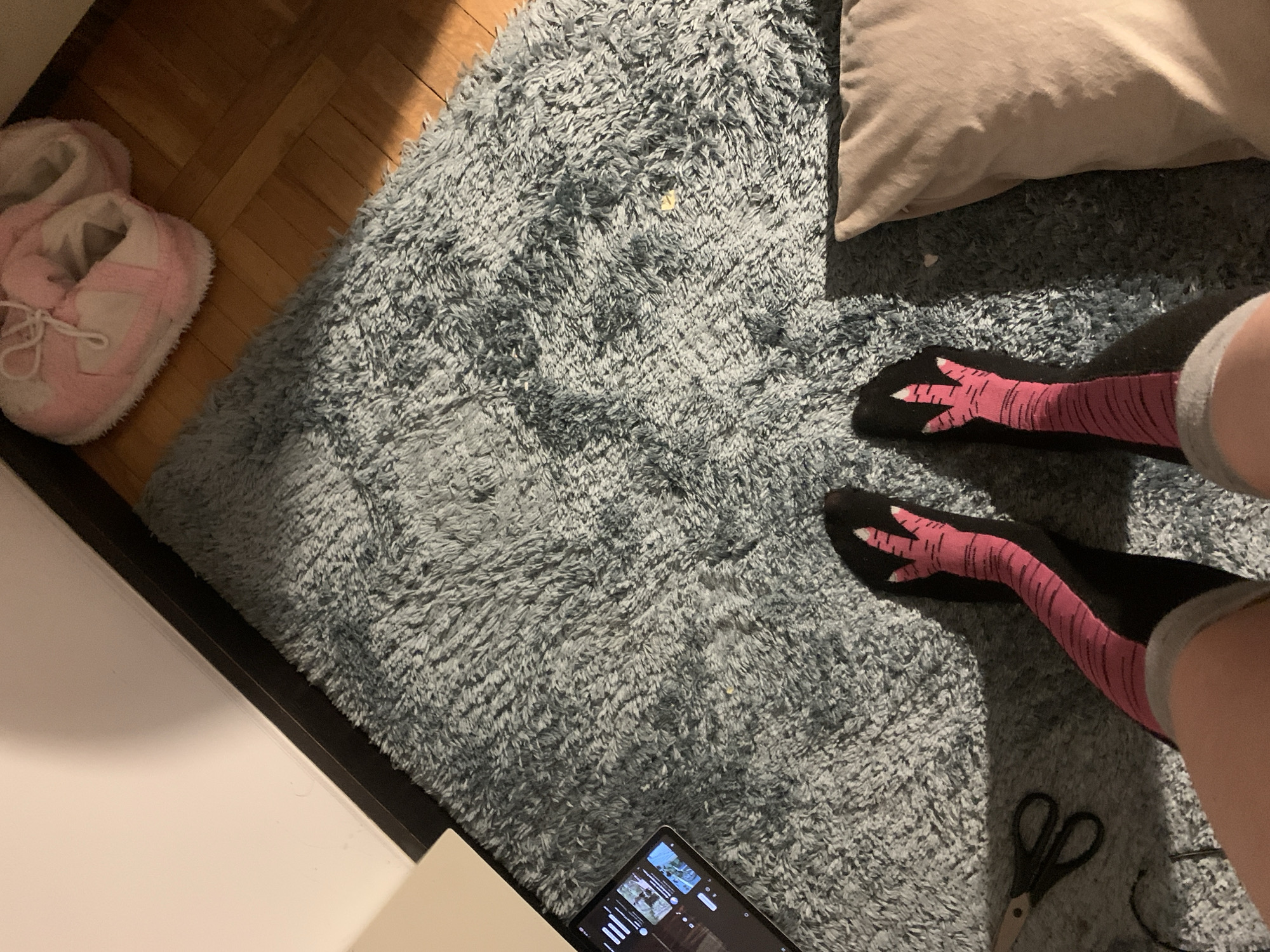 The scene shows a section of a room with a rug, a pillow, a pair of pink slippers, a tablet, and socks with a pink claw print. The rug is a light blue shag rug. A beige pillow rests on the rug. To the left of the rug, there is a pair of pink slippers on a wooden floor. A tablet is located near the bottom of the image. A person is visible, wearing black socks with pink claws printed on them. Scissors are on the rug near the feet. The location cannot be determined from the image.