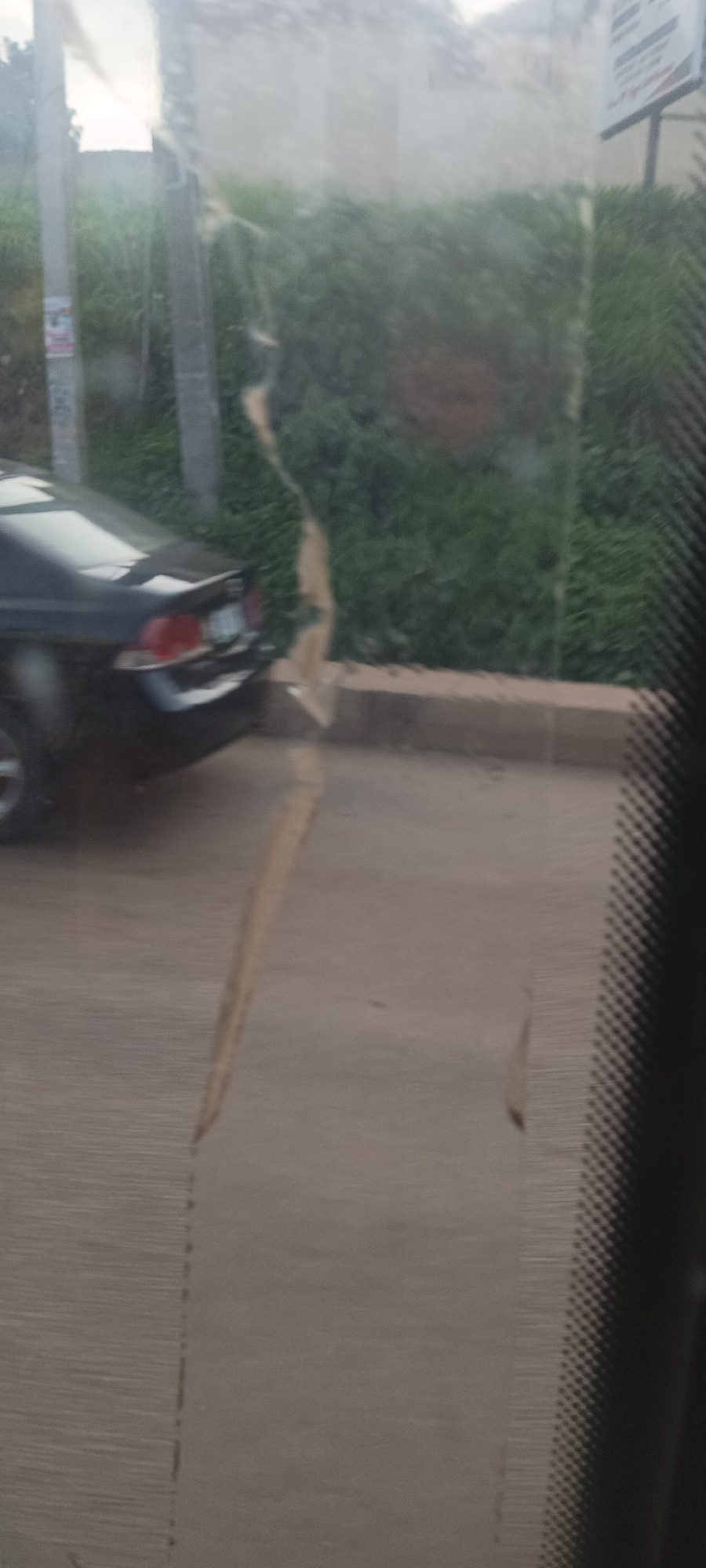The image, taken in Bukuru, Nigeria, captures an outdoor scene viewed through a vehicle's scratched or smudged window, significantly obscuring the details. Prominent vertical and wavy marks streak across the entire frame.
The central subject is a black four-door sedan, seen from the rear left, likely a Honda Civic given the shape of its red taillights and small spoiler. The car is positioned on a grey road surface, which could be asphalt or concrete, beside a low concrete barrier or curb.
Behind this barrier, there is a stretch of vibrant green vegetation, appearing as dense bushes or overgrown grass. In the background, the scene is blurry, revealing what might be a light-colored wall or building, and a faint, unreadable sign on the far right. On the left side of the image, two tall, slender utility poles stand, with a small, indistinct poster visible on the leftmost pole.
The overall lighting suggests daytime, possibly with an overcast sky or during the late afternoon, as the light appears diffused and lacks harsh shadows. No people are visible in the scene. The presence of a patterned, dark vertical element on the far right edge of the image indicates the internal perspective of the photograph, likely the pillar or frame of the vehicle's window.
