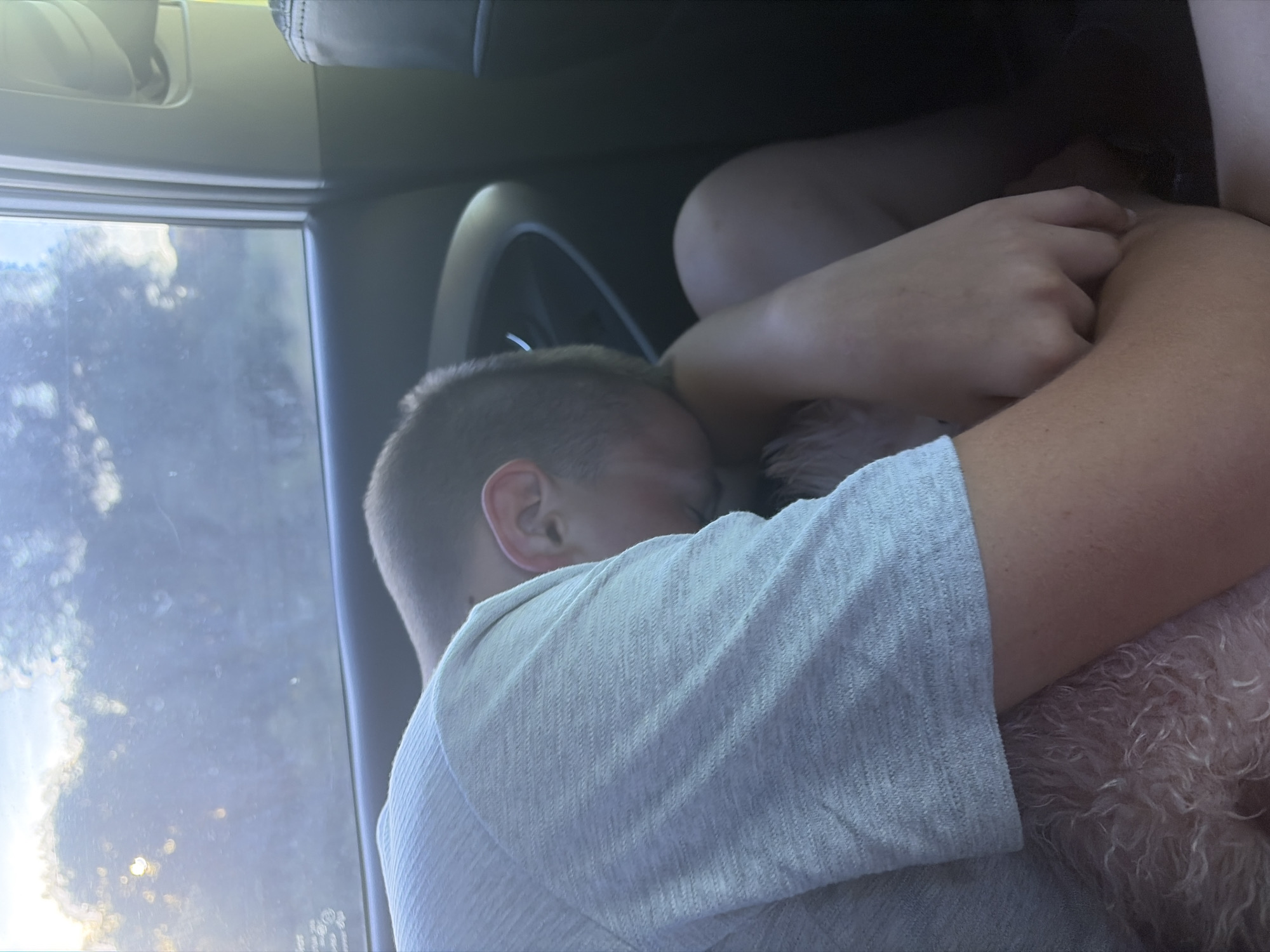 A young boy sleeps in the back seat of a car, his head resting on his arm. A light blue, short-sleeved shirt covers his upper body. A fluffy, light-colored dog is nestled beside him, its fur visible beneath his arm. The boy's eyes are closed, and his face is turned away from the camera. The car's interior is visible, with the window on the left showing trees and the sky outside. The scene is lit by the sun, which creates a bright glare on the window.