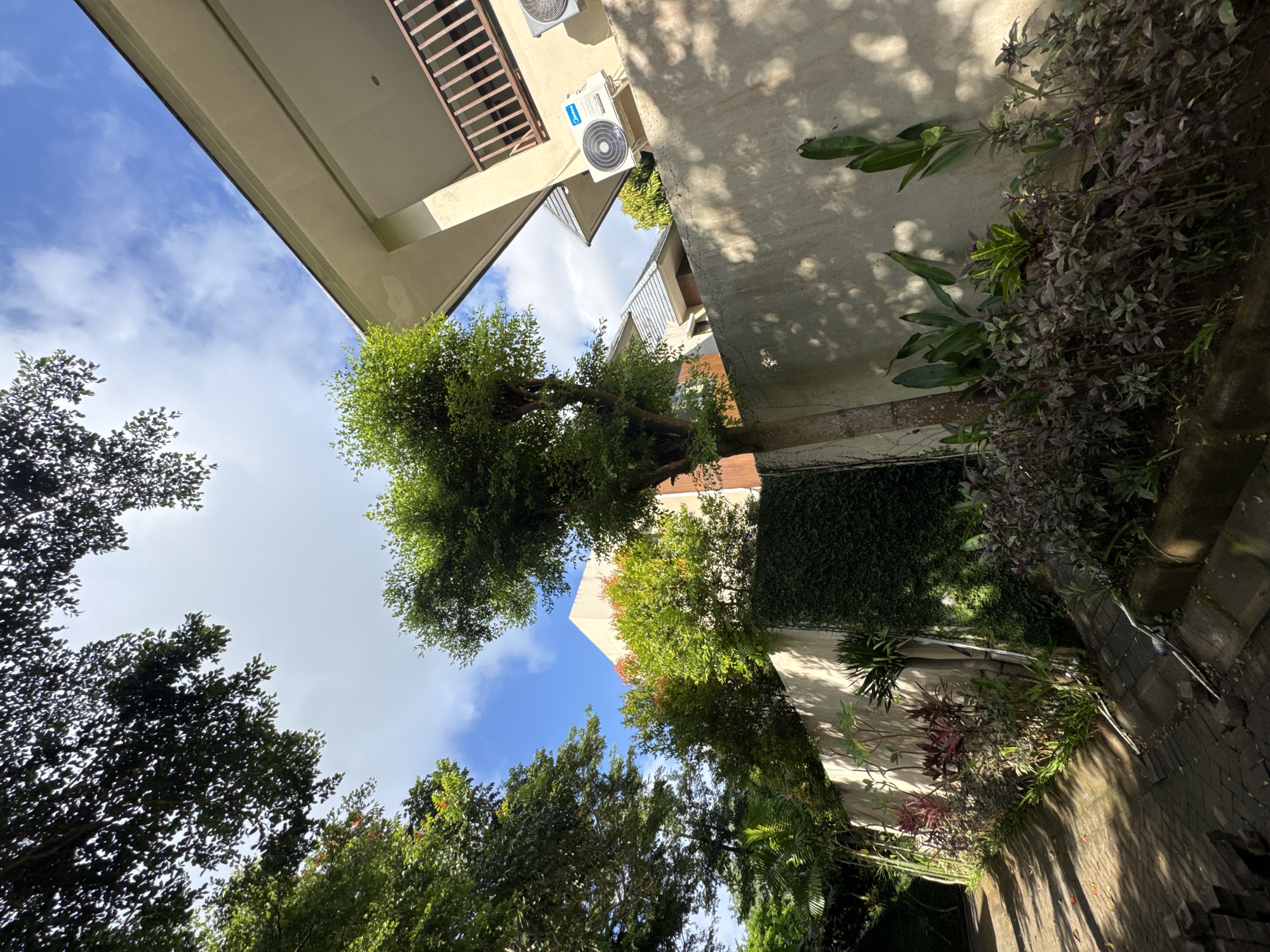 Looking up at buildings and trees in Kuta Selatan, Indonesia. The sky is visible through gaps in the trees and between the buildings. The buildings are light-colored and have air conditioning units on their exteriors. The trees are green and leafy. Shadows are cast on the walls. The ground is paved and there are plants growing along the walls.