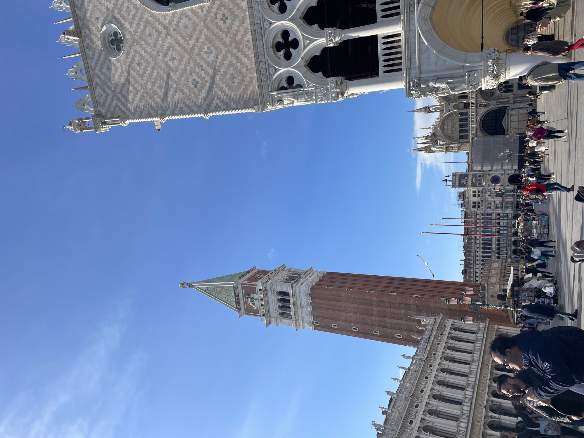 The image shows St. Mark's Square in Venice, Italy. In the foreground are the Doge's Palace and St. Mark's Campanile. A large group of tourists is visible, and the sky is clear blue.