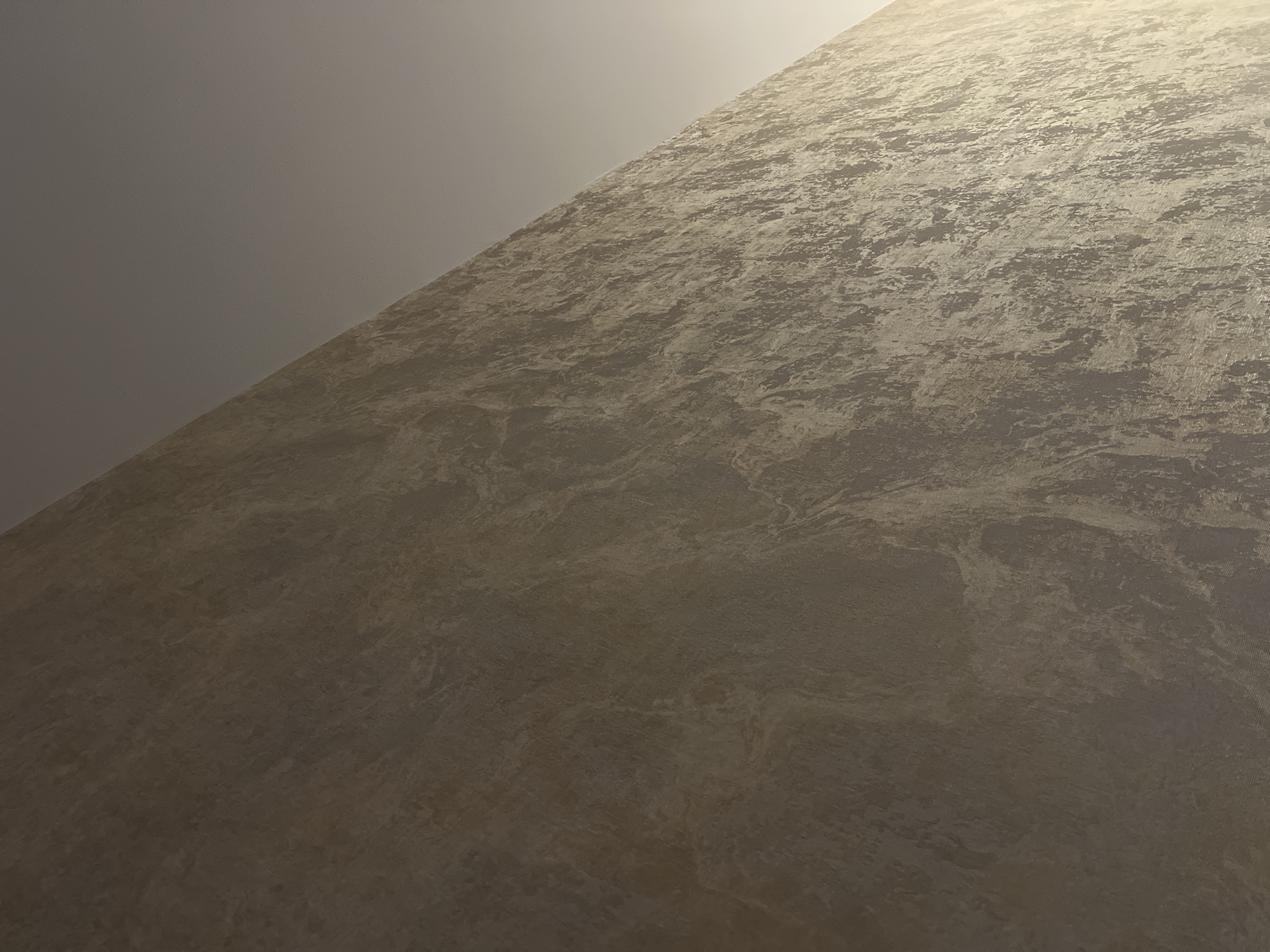 The image shows a close-up of a textured wall with a marbled or stone-like pattern in shades of brown and grey. The lighting suggests the wall is illuminated from the right, creating highlights and shadows that emphasize the texture. The upper right portion of the image shows a plain, lighter-colored surface, likely a ceiling, meeting the wall at an angle. The scene is devoid of any people, objects, or actions, and there is no indication of a specific location within Saint Petersburg, Russia, or any other city.