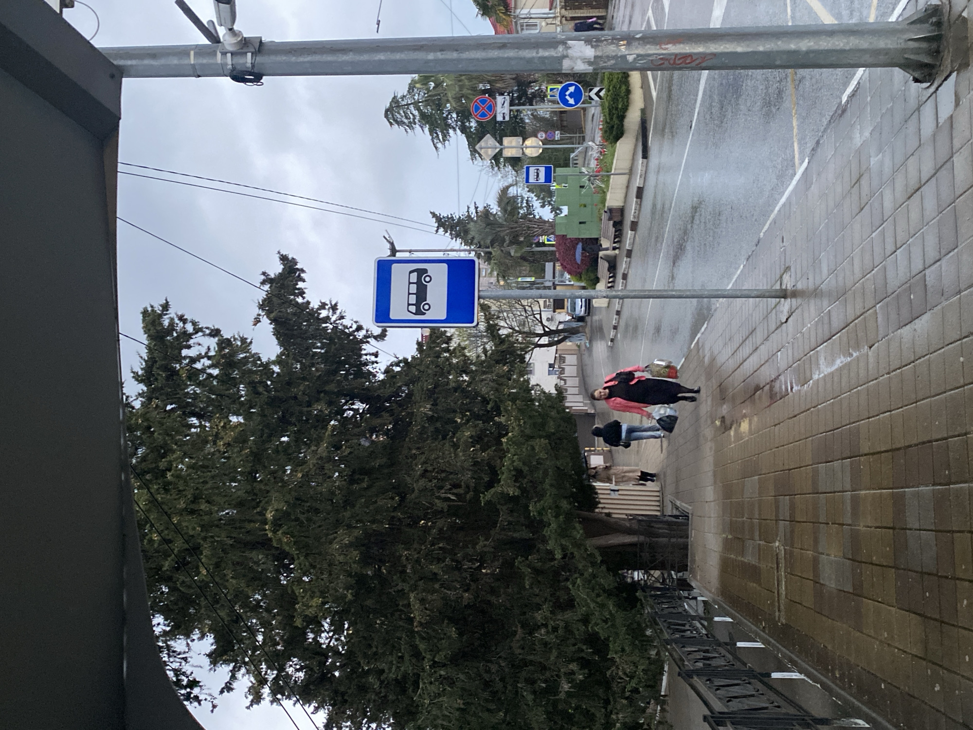 The image depicts a street scene in Sochi, Russia, on a cloudy day. The ground is wet, suggesting it has recently rained. A blue and white bus stop sign is prominently displayed, mounted on a metal pole. Behind the sign is a large tree. Pedestrians are walking on the sidewalk next to the street. There is a row of street signs in the distance. The sidewalk is paved with rectangular bricks. A bus stop with a bench is partially visible.