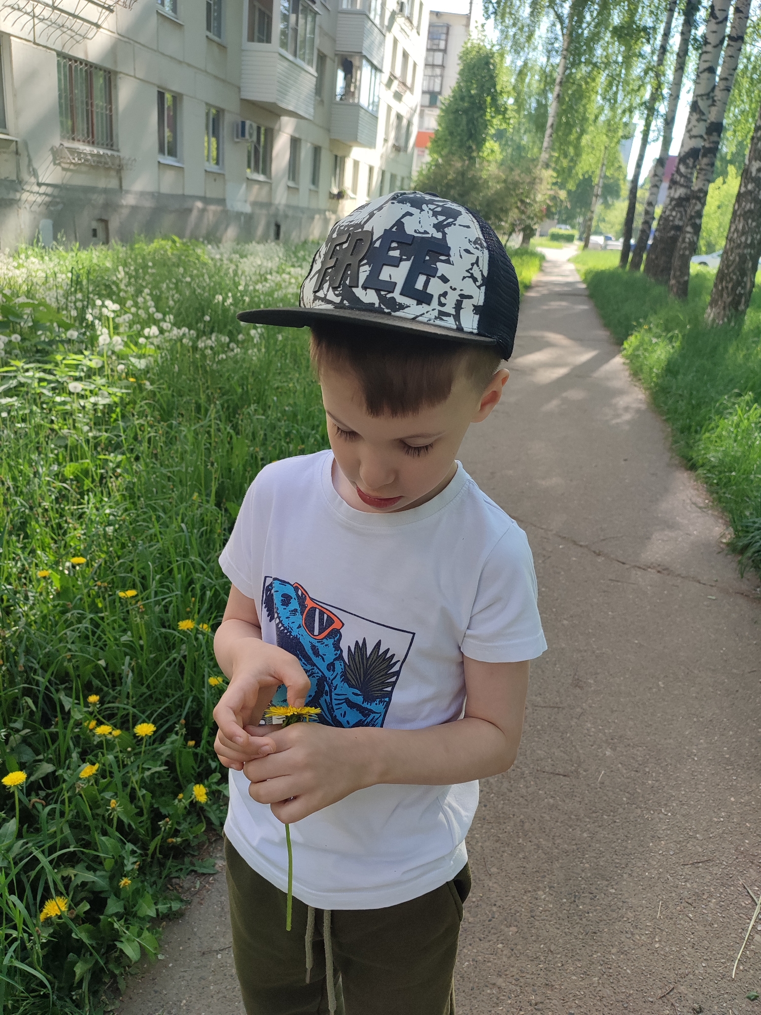 A young boy stands on a paved sidewalk, holding a dandelion in his hands. He is wearing a white T-shirt with a dinosaur print and a black and white baseball cap. To his left is a patch of grass with dandelions and other wildflowers, and to his right is a line of trees along the sidewalk. In the background, a residential building is visible. The image appears to be taken in Chaikovsky, Russia, in an area near a park or green space.