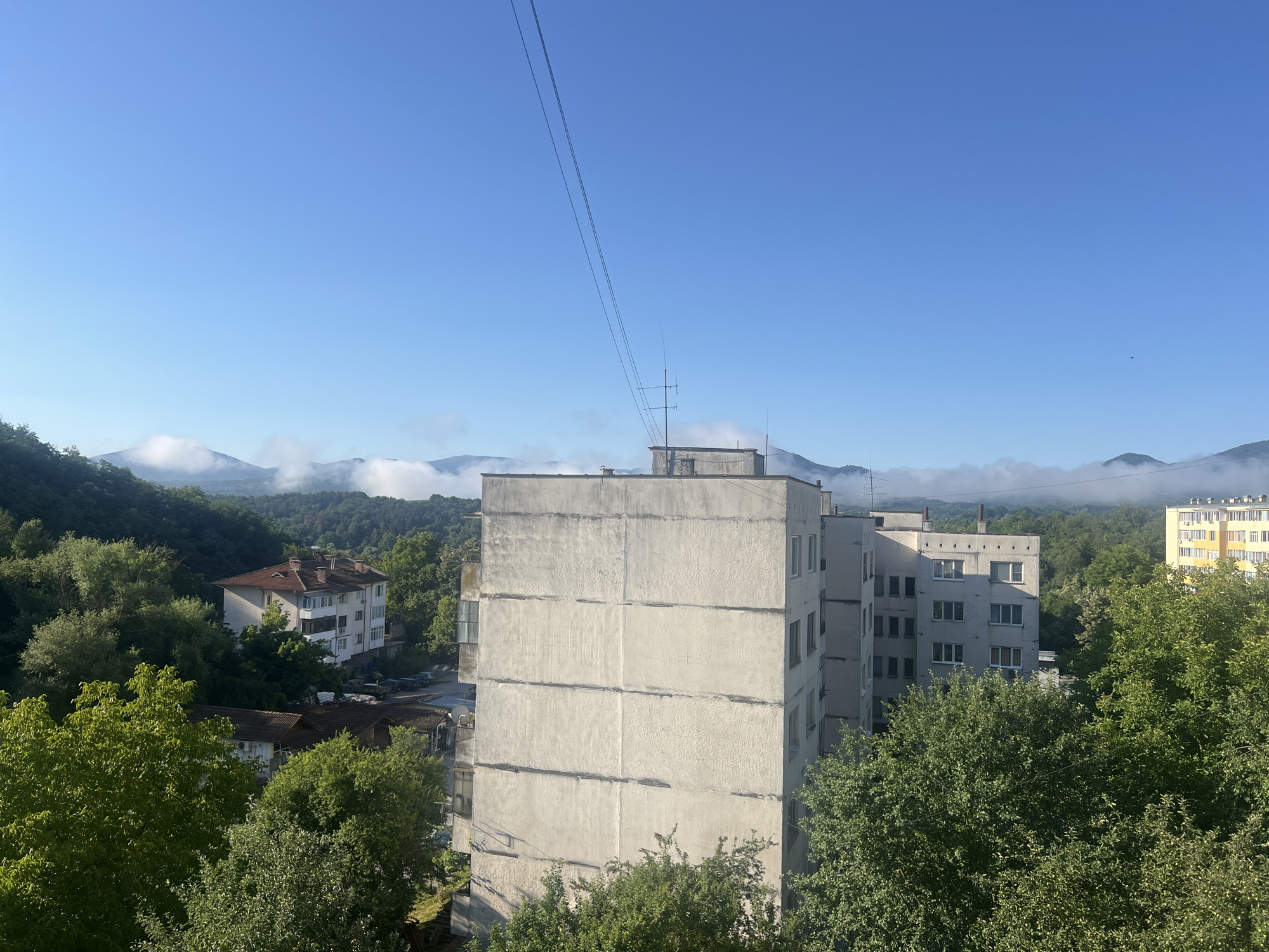 The image depicts a view from a building overlooking the city of Elena, Bulgaria, on a clear day with a few clouds near the mountains. In the foreground, a tall, grey, concrete apartment building dominates the right side of the frame, featuring multiple windows. To its left, a smaller apartment building with a red tiled roof is nestled amongst lush green trees. Further in the background, more residential buildings, including one with a yellow facade, are visible. The cityscape is surrounded by dense, verdant forests that lead up to rolling hills and mountains in the distance, partially obscured by wisps of fog. Two parallel electrical wires stretch across the sky from the top left corner of the frame, disappearing over the buildings. The sky is a bright, clear blue. There are no people or animals visible in the image.