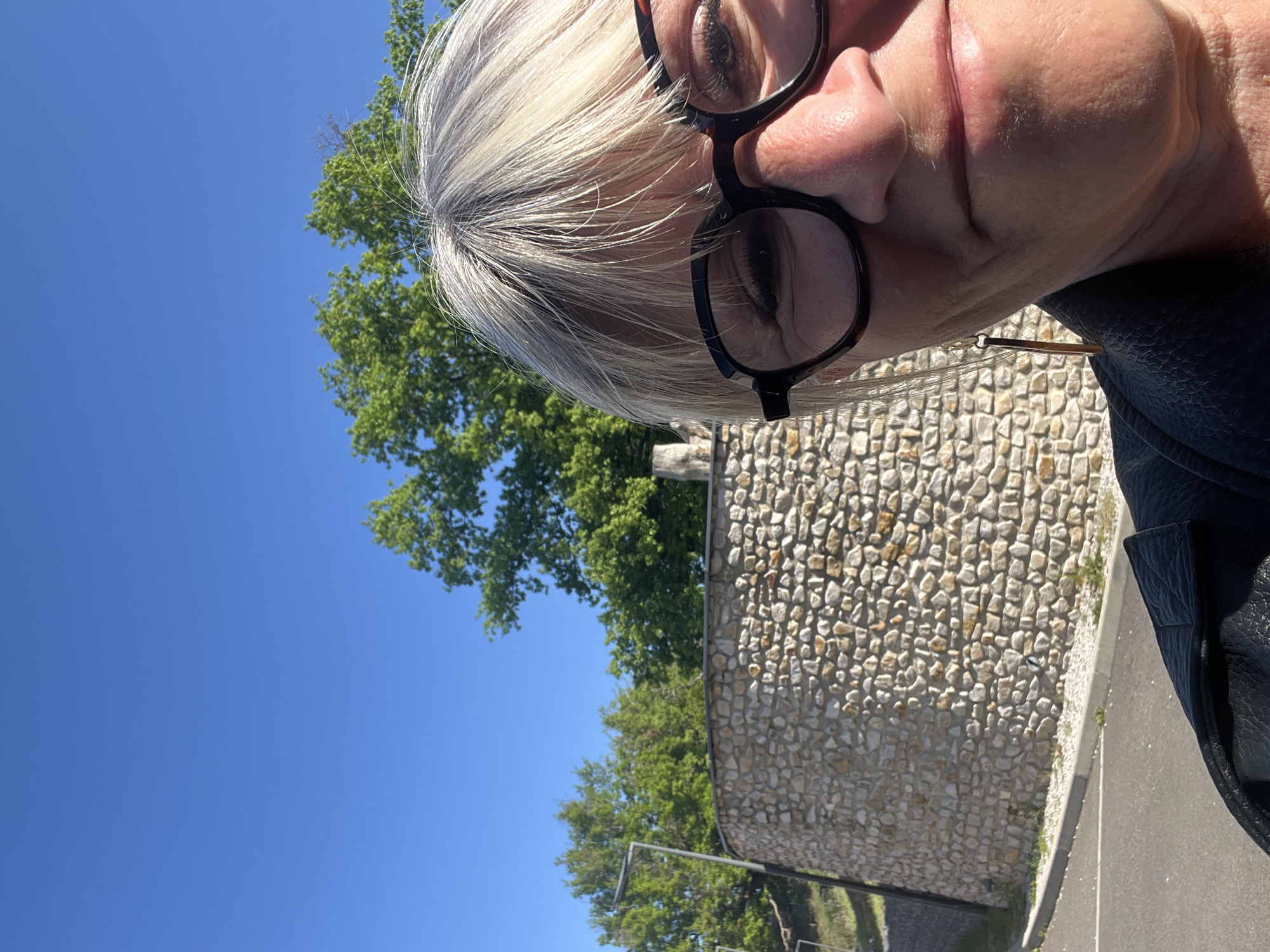 A close-up, canted, outdoor photograph depicts a fair-skinned woman with short, silver-blonde hair and wearing black-rimmed glasses. She is positioned facing down towards the camera, revealing her face from her eyes to her nose and mouth. She wears a dark-colored garment.
Behind the woman, there is a view including a section of a light-colored stone wall, green trees with dense foliage, a blue sky, and what appear to be street fixtures, possibly lamps.
The photograph was taken in Chambœuf, France.