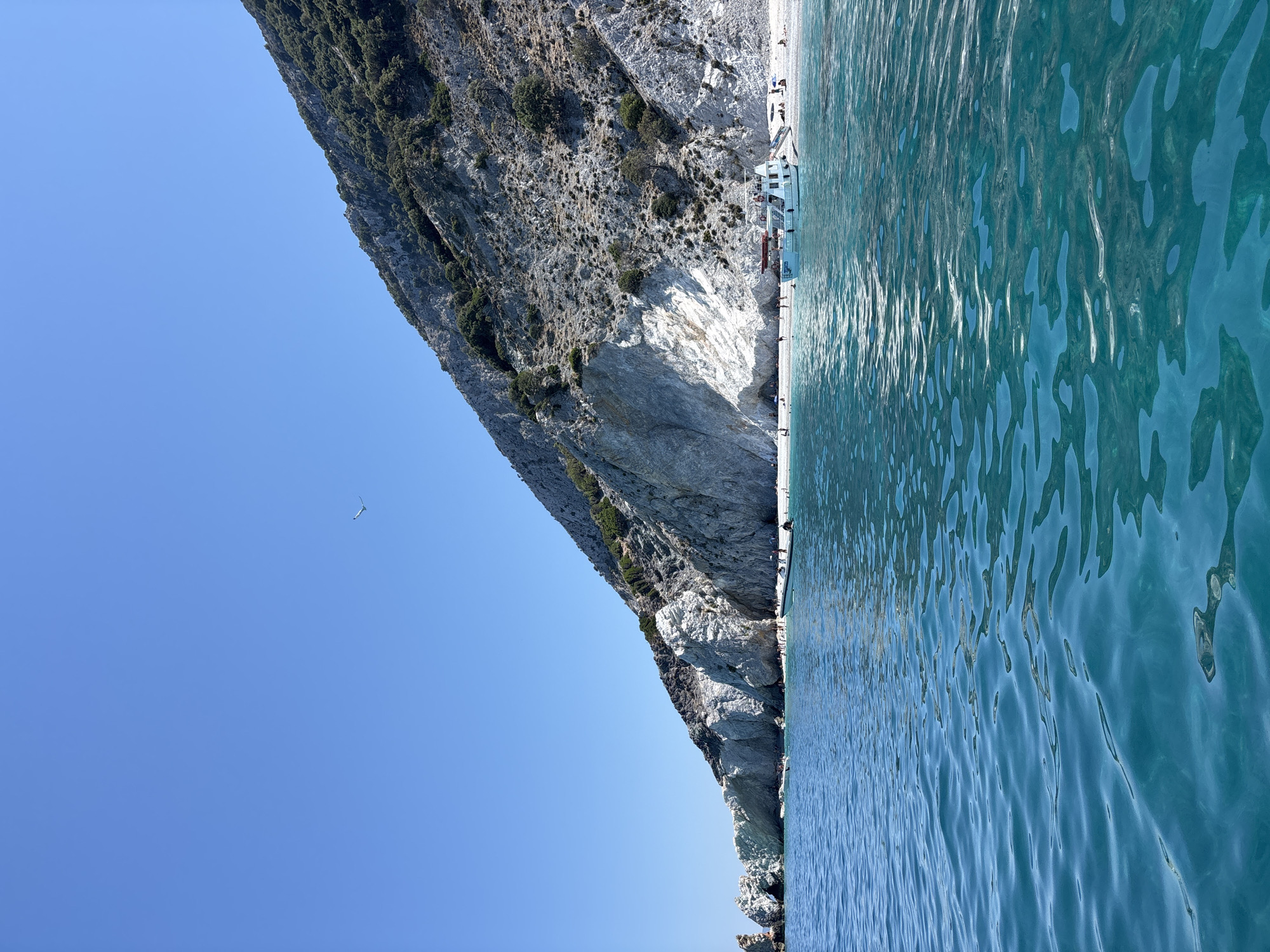 A vertical, eye-level shot captures a bright, sunny day at a coastal location. The foreground is dominated by vibrant, clear turquoise water with visible ripples and reflections, suggesting shallow depths or a sandy bottom. Beyond the water, a white pebble beach is visible, lined with a scattering of people, some of whom are sunbathing or walking along the shore. A white boat with a red stripe is anchored near the beach, and several other smaller boats are also present. Behind the beach, a steep, rocky mountainside rises dramatically. The mountain is partially covered with sparse green vegetation, and its rugged texture is accentuated by sunlight and shadow. The sky is a clear, brilliant blue, with a single white bird soaring high in the distance. The overall scene conveys a sense of a peaceful, idyllic beach vacation. The location is identified as an unknown coastal area in Greece.