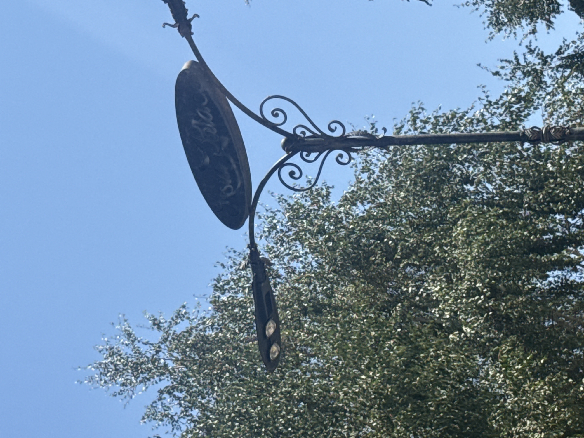 An outdoor, low-angle, close-up shot shows the upper section of a black metal lamppost against a clear blue sky. A large, oval-shaped sign is mounted on the lamppost, with ornate metal scrollwork below it. The sign is dark and appears to have some text on it, possibly in a cursive font, but the text is illegible. The lamppost has an arm extending to the left, from which a modern street light fixture with three lights is suspended. The background is dominated by the green foliage of a large tree on the left, with some lighter green foliage visible on the right. The lamppost is situated in Sary-Oy, Kyrgyzstan, near a body of water, suggesting it is a decorative street lamp in a public area, possibly a park or a street lined with trees.