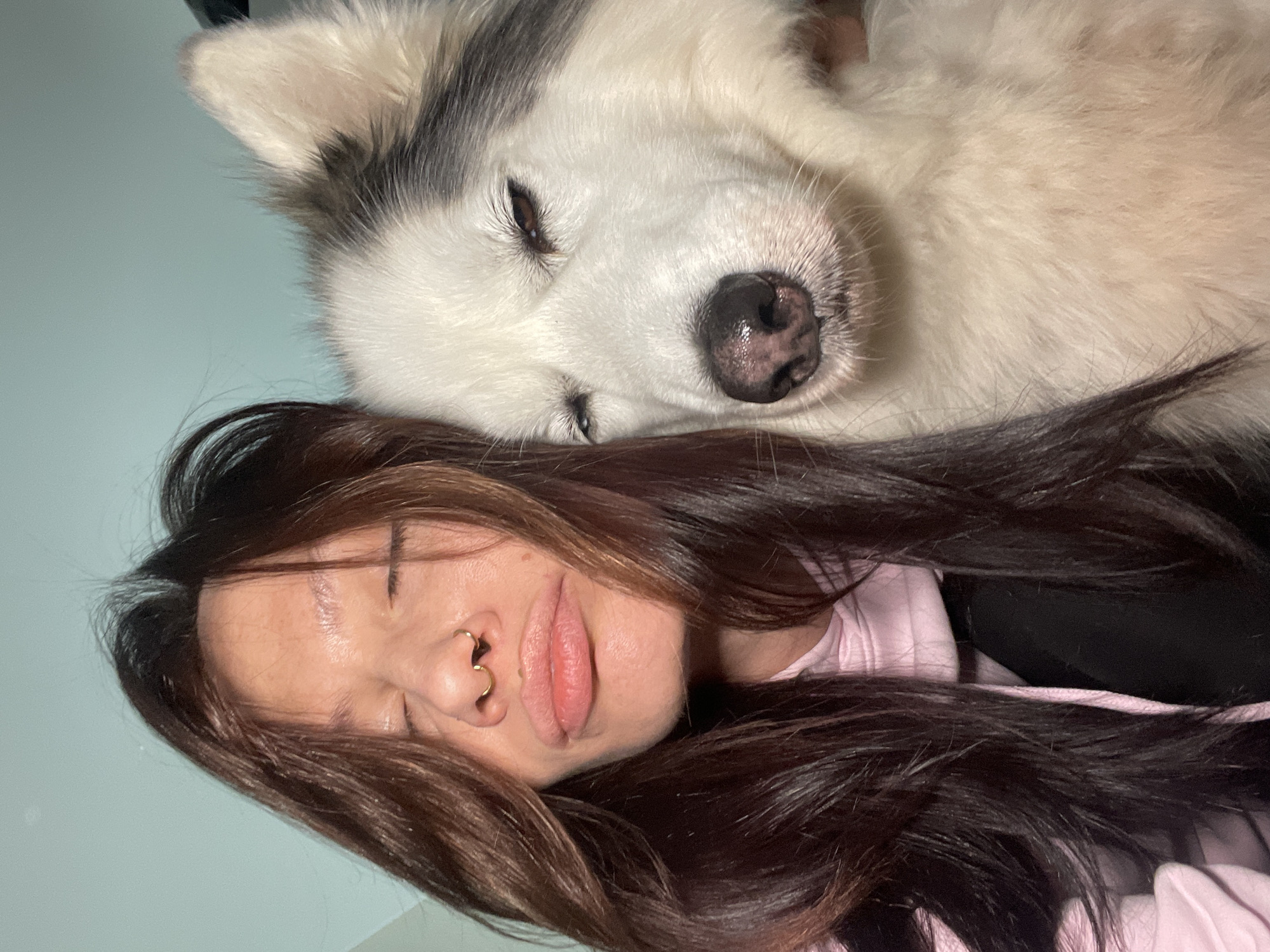This close-up image captures a young woman and a large dog resting together, creating a serene and intimate scene. The photograph is taken from an elevated perspective, showing both subjects lying down, likely indoors, against a plain light blue-green background.
The woman, positioned in the foreground, has long, dark brown hair spread around her head. Her eyes are closed or partially closed, and her lips are slightly parted, suggesting she is sleeping or deeply relaxed. She wears a light pink top, with what appears to be a black garment underneath. A prominent gold hoop septum piercing is visible on her nose.
Above and slightly behind the woman's head is the dog, a husky or similar breed, characterized by its fluffy white and grey fur. The dog's head is resting close to the woman, with its eyes also closed or nearly closed, indicating it is also asleep or very relaxed. Its dark, moist nose is clearly visible.
The overall mood of the image is peaceful and warm, highlighting the close bond between the woman and her canine companion. While the exact time of day is not discernible, the setting appears to be indoors. The location context for this media is Izhevsk, Russia. There is no visible text in the image.