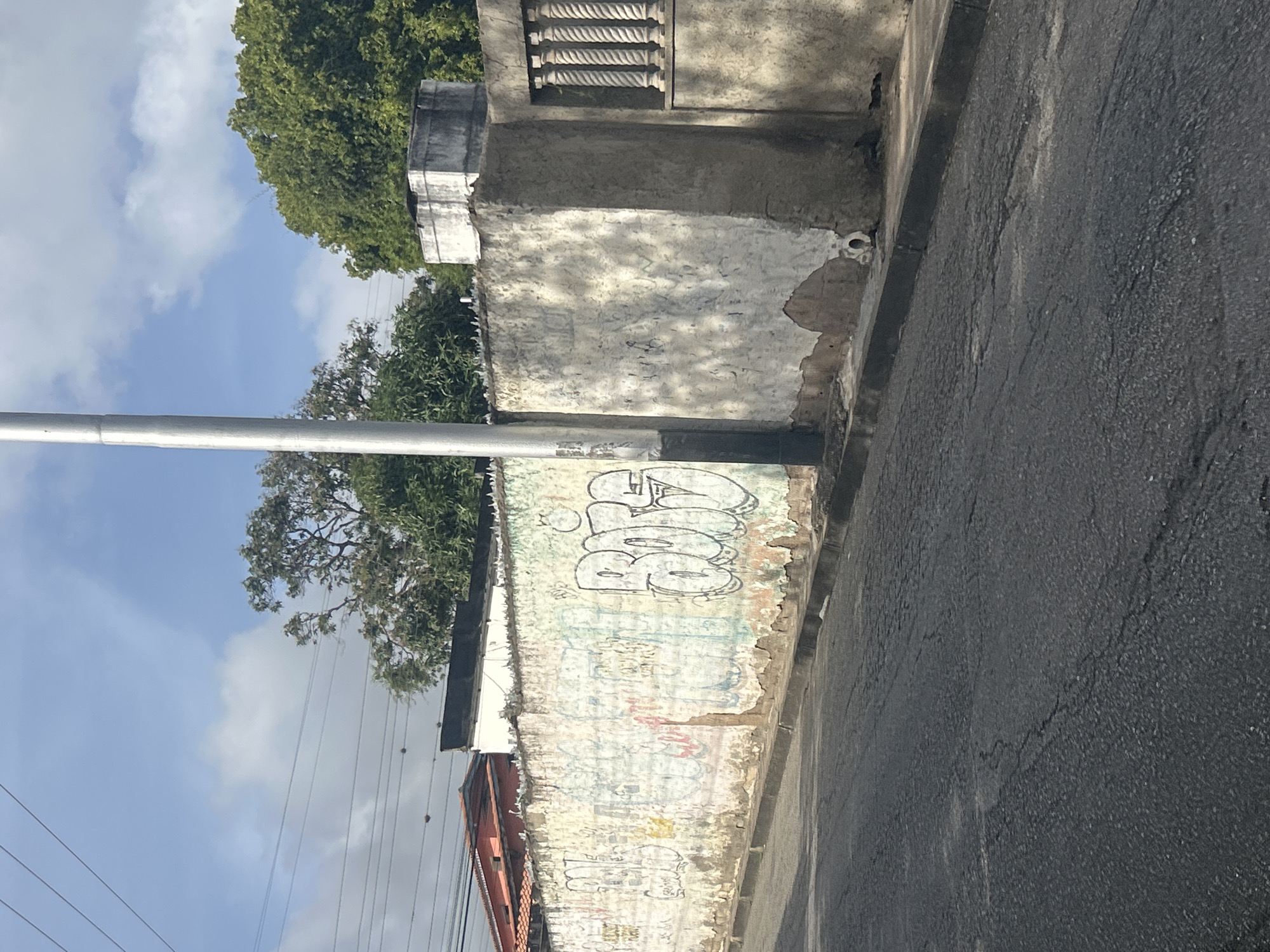 This is a full shot, eye-level, outdoor photograph of a graffiti-covered wall bordering a street. The wall is old and shows signs of peeling paint and damage. Large, stylized graffiti tags, primarily in white and with outlines, are visible on the wall. One prominent tag reads "BOIS" in bold, bubble-style lettering. The street in the foreground is paved with asphalt and appears to be in moderate condition, with some cracks. Behind the wall, trees and part of a building with a red roof are visible. A tall, silver utility pole stands near the left side of the frame. In the background, a blue sky with scattered clouds can be seen. The overall impression is an urban street scene with elements of decay and artistic expression. The location is identified as Santa Ana, Venezuela.