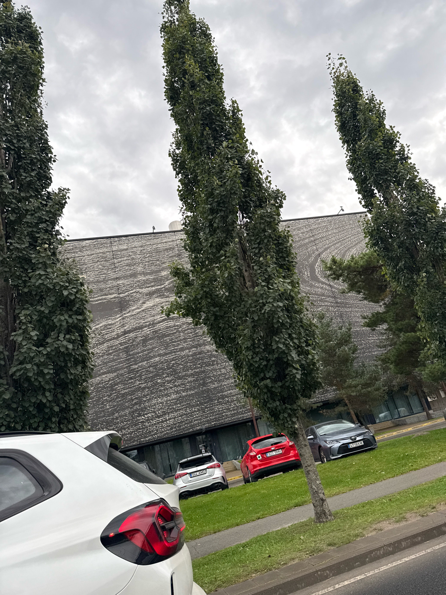 The image captures a scene on a cloudy day in Tallinn, Estonia, focusing on the exterior of a modern building and several parked cars on a grassy area adjacent to a sidewalk. In the foreground, the rear of a white car is visible, featuring distinctive red taillights. Further back, three other cars are parked on the lawn: a red hatchback, a dark gray sedan, and a white hatchback with "044 AMG" visible on its license plate. The building behind the cars has a textured, dark gray facade with lighter, irregular horizontal and swirling patterns. Tall, slender trees with dense green foliage line the left and right sides of the image, framing the building and cars. The sky is overcast with gray clouds.