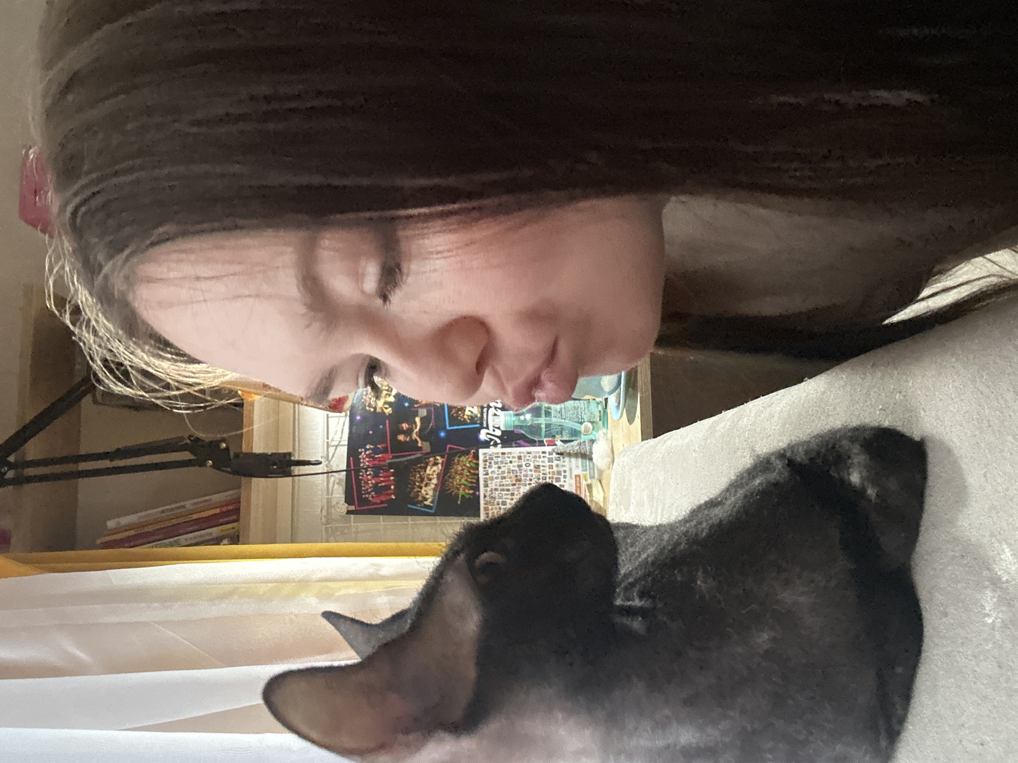 A dark-haired person is positioned above a cat. The person has light skin and is looking down at the cat, their faces are close. The cat is mostly black with hints of white on its coat. Behind the person and cat is a shelf with items, including books, a poster, and an adjustable arm lamp. The environment appears to be indoors, possibly a home. There is no indication that the photo was taken in the city of Chaikovsky, Russia.