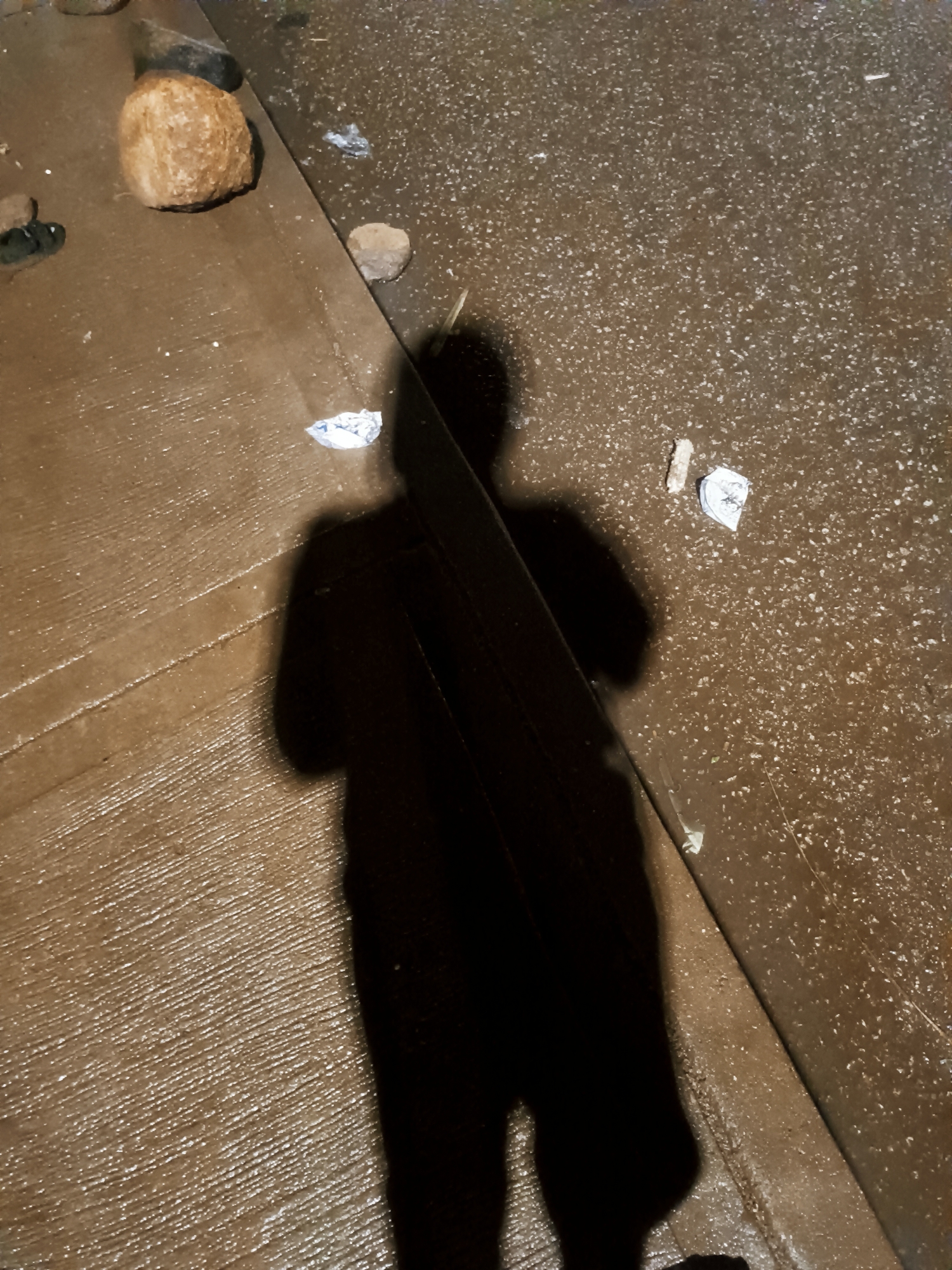 A shadow of a person stands prominently on a pavement. To the left, a large coconut sits near a curb, alongside small stones. The pavement shows signs of moisture. Litter is scattered on the pavement to the right of the curb. The location appears to be Bukuru, Nigeria.