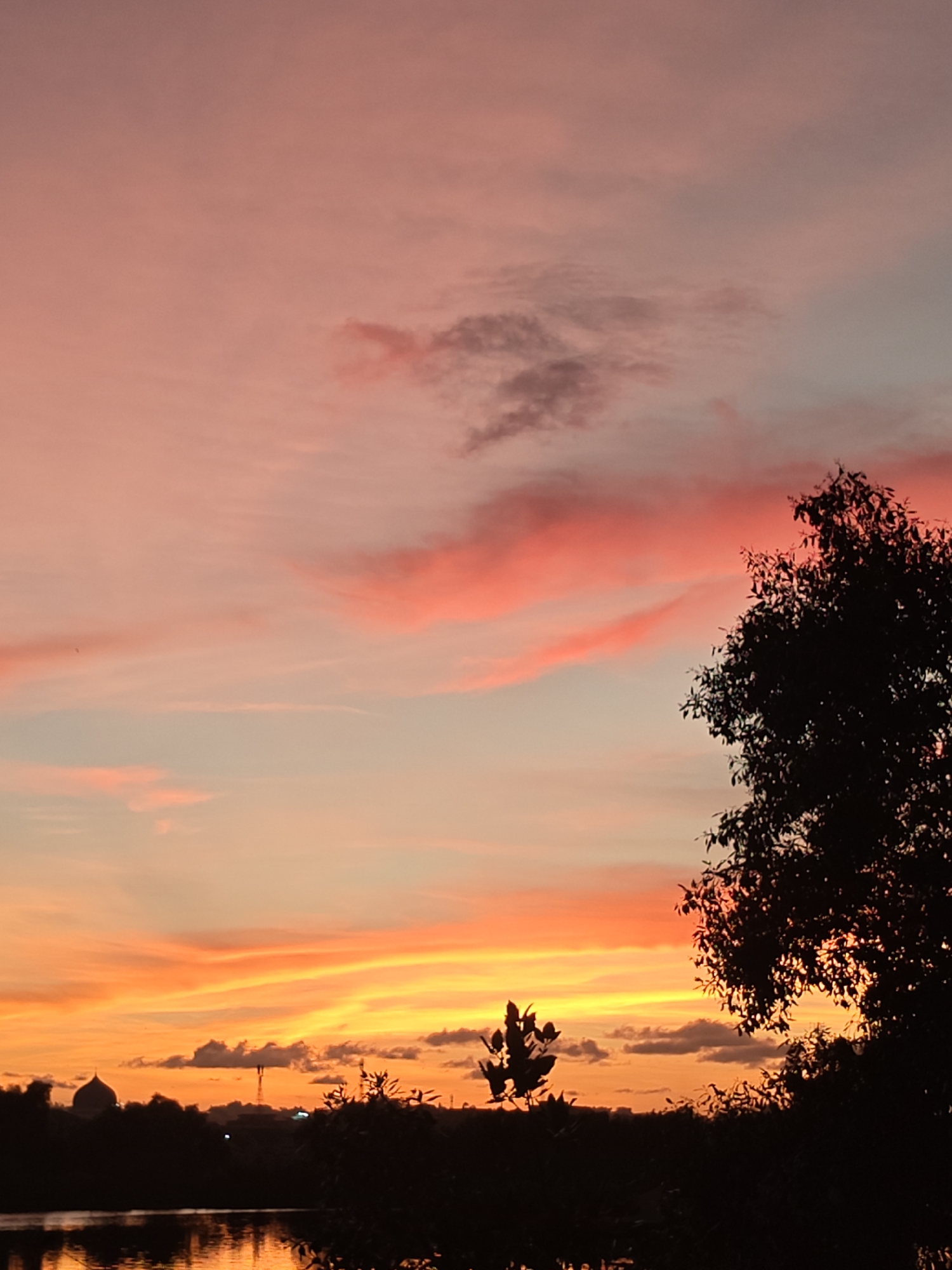 The image depicts a serene sunset over a body of water in Lhokseumawe, Indonesia. The sky is painted with vibrant hues of pink, orange, and yellow, with streaks of clouds creating a dynamic visual effect. In the foreground, the dark silhouettes of trees and foliage frame the scene, with a prominent tree on the right side of the image. On the left side of the horizon, a domed structure, possibly a mosque or a building with similar architecture, is visible, hinting at the urban landscape of Lhokseumawe. The water reflects the colors of the sunset, adding depth and tranquility to the composition. The scene is devoid of people, focusing solely on the natural beauty of the sunset and the surrounding environment.