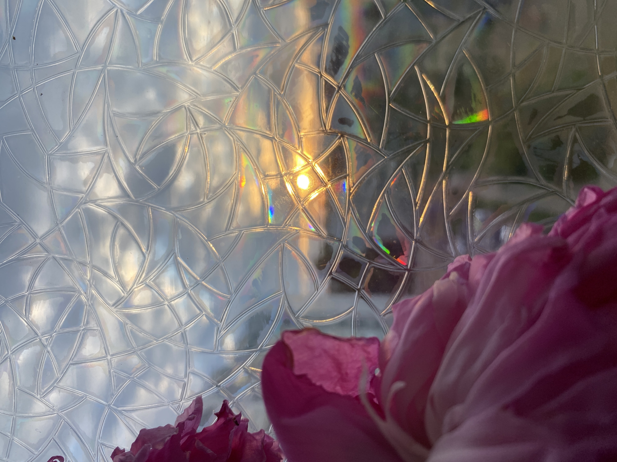 The image shows a close-up view of a textured glass surface with a sunset visible through it. The glass has an intricate, geometric pattern of curved lines that create diamond and curved shapes. The sunset is bright and appears as a glowing orb, casting warm, golden light and creating colorful refractions and rainbow-like effects on the glass. In the foreground, out of focus, are large, soft pink flower petals. The background seen through the glass shows a sky with clouds and hints of trees or buildings. The scene evokes a serene and atmospheric mood, with the texture of the glass enhancing the visual interest of the light and the floral elements. There is no indication of the city of Chaikovsky, Russia.