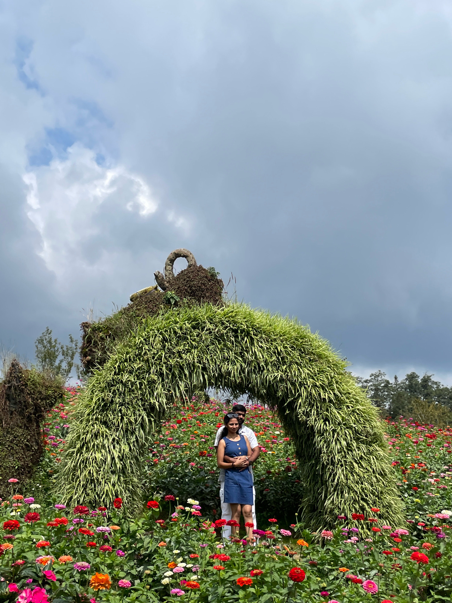 A couple is embracing in a garden filled with colorful flowers. The man is wearing a white shirt and the woman is wearing a blue dress. They are standing under a large archway made of green plants. The sky is cloudy and grey. In the background, there are trees and other greenery. The location is Sa Pa Ward, Vietnam.