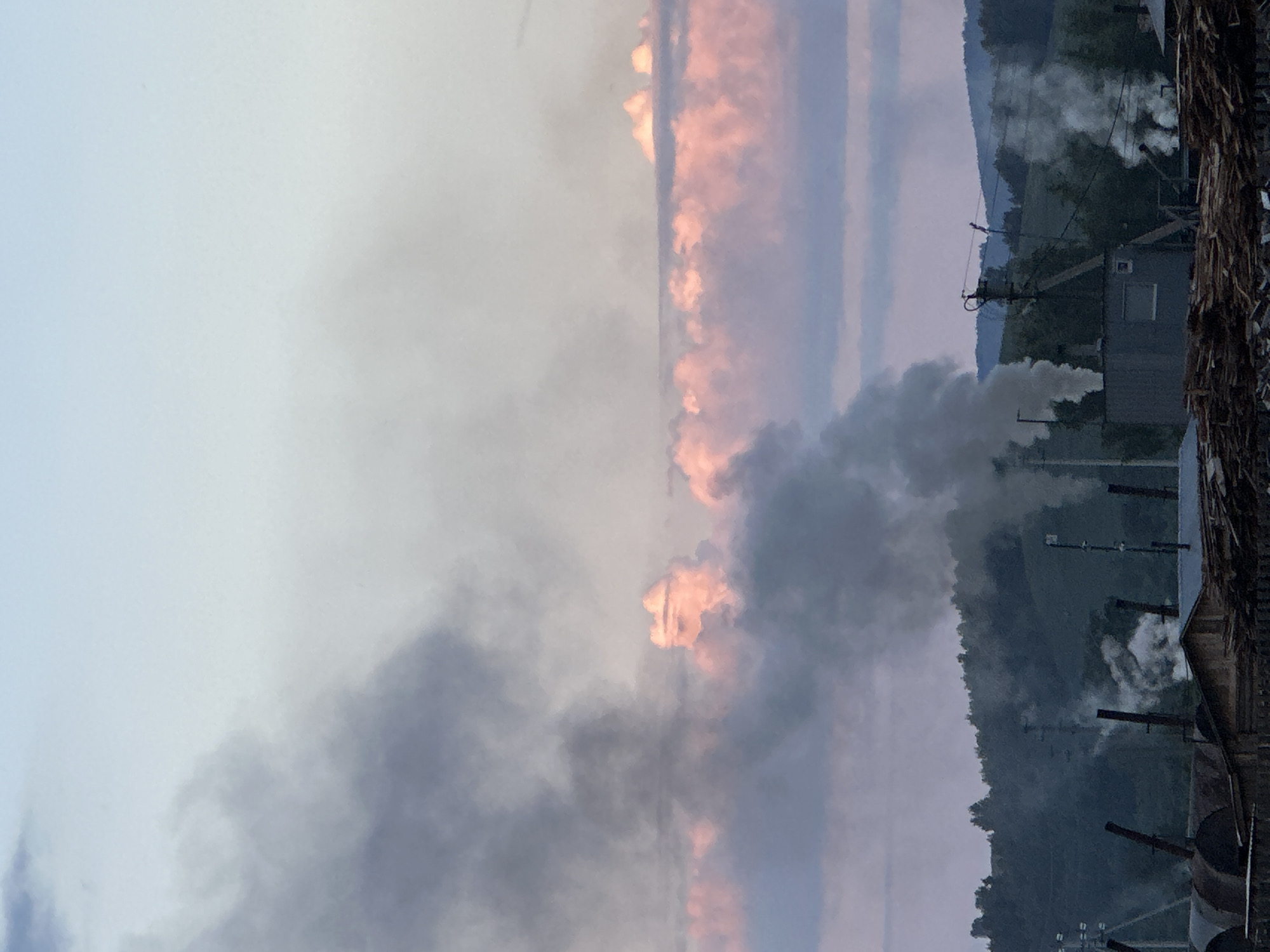 This image depicts an industrial scene with multiple chimneys emitting smoke. The smoke plumes are dark and billow upwards, suggesting ongoing activity at the facility. In the background, a dense forest covers a hillside, with the shapes of buildings visible amongst the trees. The sky is overcast with streaks of soft pink and orange light, indicative of either sunrise or sunset. The overall atmosphere is somewhat somber, with the industrial activity contrasted against the natural landscape. The image is oriented vertically, with the horizon line running from left to right across the middle of the frame. There is a wooden structure visible on the right side of the image, partially obscuring the view of the industrial buildings and chimneys.