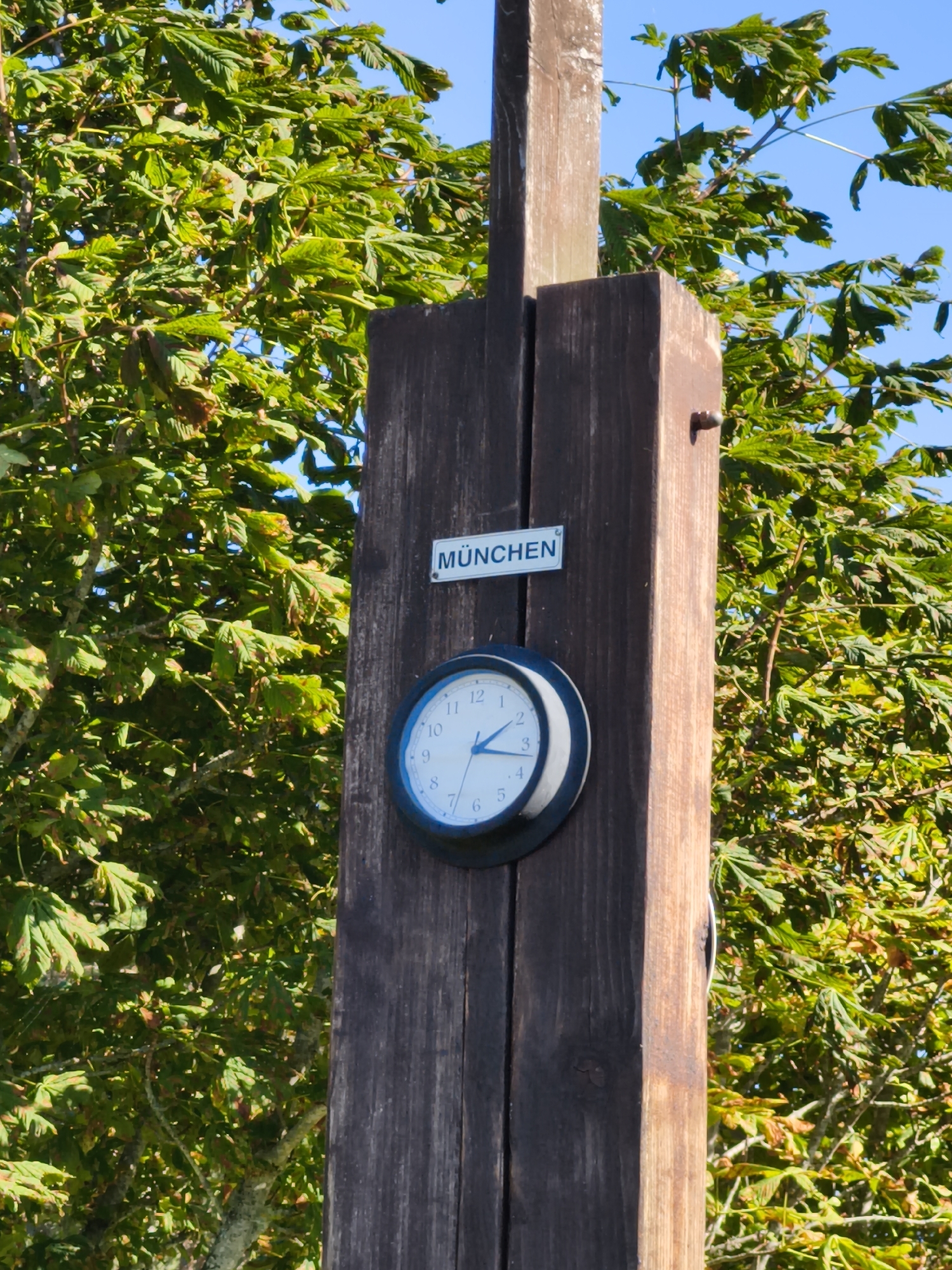 A close-up, eye-level, outdoor shot captures a weathered, dark wooden post with a circular clock and a sign. The clock has a white face with black numbers and hands. The sign, mounted above the clock, displays the word "MÜNCHEN" in blue capital letters on a white background. The post is positioned against a backdrop of lush green foliage and a clear blue sky. The image appears to be taken in the city of Pedase, Estonia, given the context provided, however, the scene itself does not contain any specific visual cues to confirm this location, other than the sign that indicates "Munich" in German, which could be a reference to a place or a landmark. The focus is on the clock and the sign, with the surrounding nature providing a natural, environmental context.