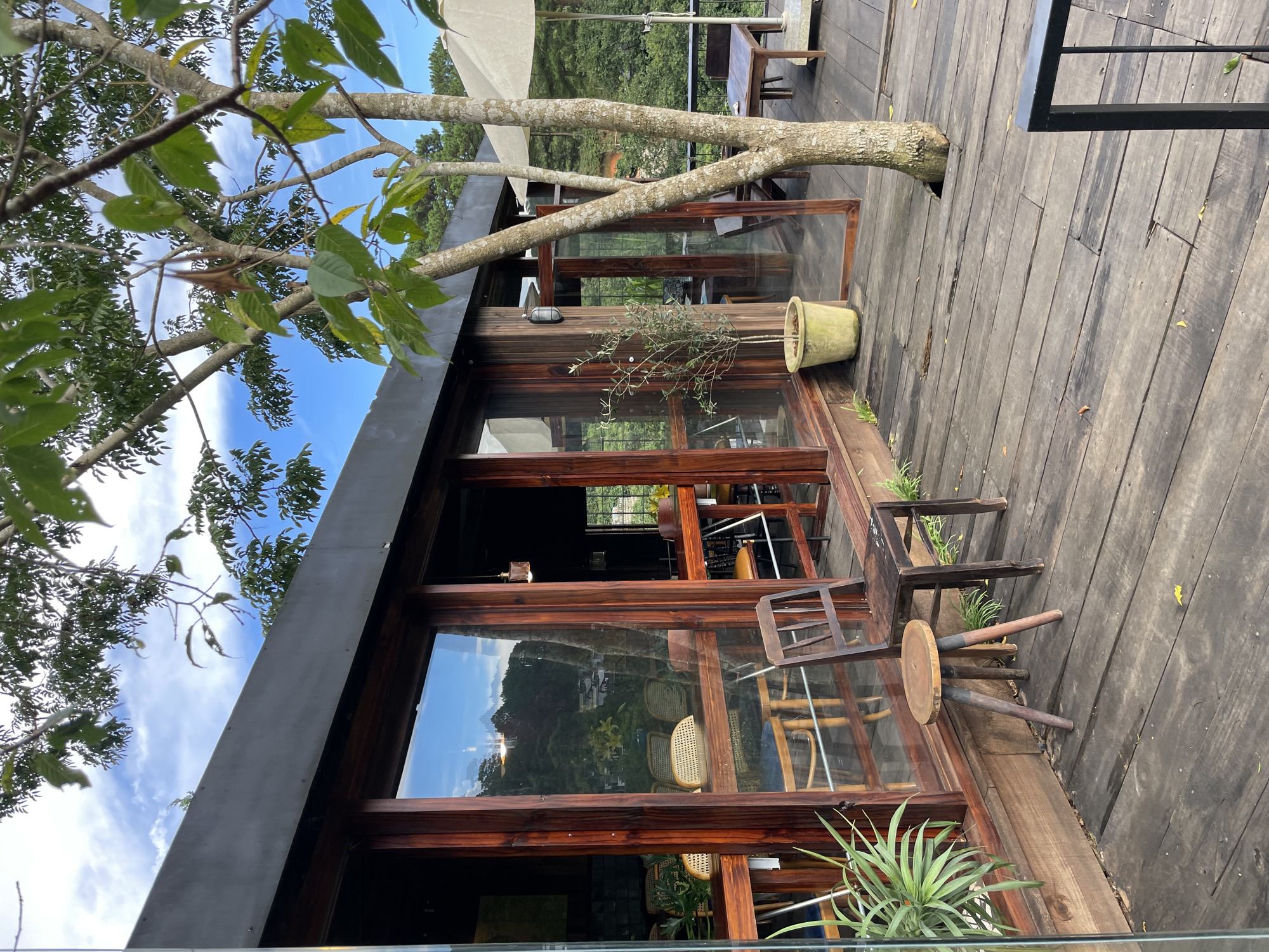 This is a full, eye-level shot of a wooden deck in front of a modern wooden building with large glass windows. The deck is weathered and made of dark wooden planks. A tree grows through a hole in the deck, with its trunk and branches visible in the foreground and middle ground. Behind the tree, to the right, is a beige outdoor umbrella and a wooden table with two chairs. The building has a dark, sloped roof and visible wooden beams and trim around the windows. Inside the building, seen through the windows, are tables and chairs, suggesting a cafe or restaurant. To the left of the building, on the deck, is a small wooden stool and a rustic wooden chair. A potted plant sits on the deck near the building's entrance. The background shows a lush green hillside with trees and some buildings, indicative of a natural setting with a settlement. The sky is blue with scattered white clouds. The overall impression is of an outdoor seating area of a establishment in Da Lat, Vietnam, known for its cool climate and pine forests.