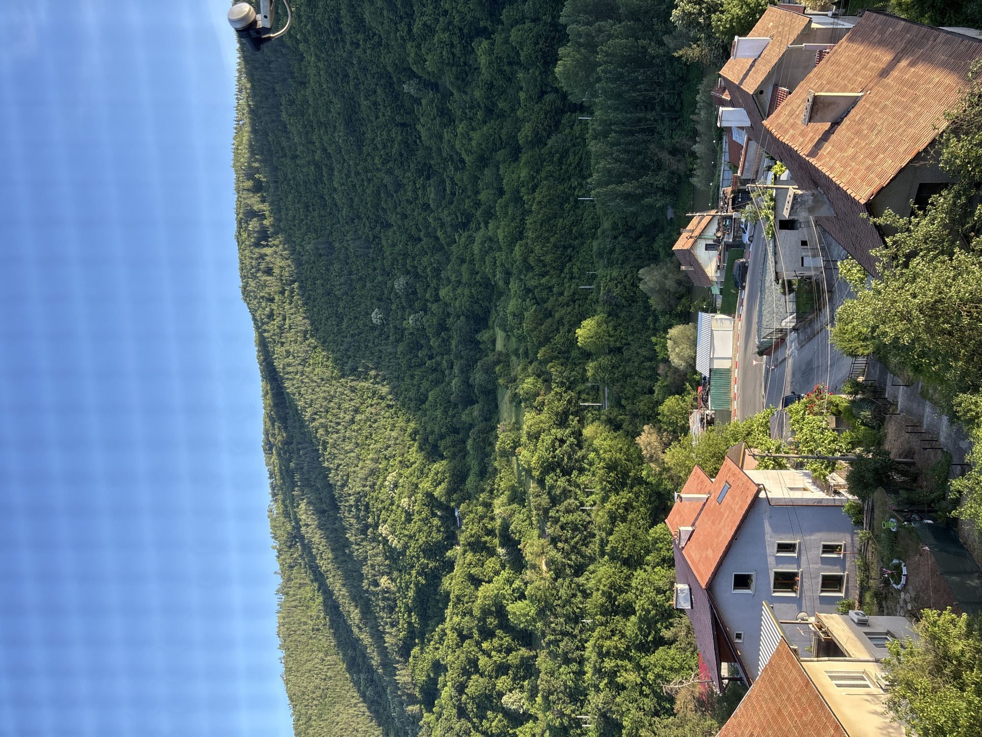 A high-angle, medium shot captures a verdant hillside casting shadows over a small village nestled at its base. The sky above is a clear, bright blue, with a faint grid pattern visible, suggesting it was captured through a window. The hillside is densely covered with a mix of deciduous and coniferous trees, with sunlight illuminating patches of foliage and casting long, dramatic shadows.
In the foreground, several houses with red-tiled roofs are visible. One prominent house is light blue with multiple windows and a satellite dish mounted on its exterior. Another house to the left has a light beige facade and a red-tiled roof. A small garden area with some greenery and a circular stone feature is situated in front of the blue house.
Further into the village, a paved road can be seen winding through the houses. There are several other buildings, including some smaller, more utilitarian structures, and a few cars parked along the roadside. The overall impression is of a peaceful, rural setting within a mountainous landscape.
The image does not contain any people or animals. The scene appears to be a still photograph, capturing a moment in time in the village of Redina, Bulgaria.
