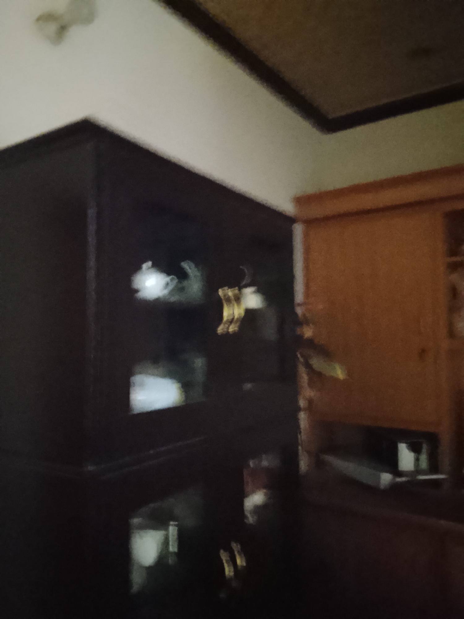 A blurry, dimly lit interior shot depicts a dark wooden cabinet with glass doors, showcasing white decorative objects inside. To the right, a lighter-colored wooden cabinet is visible. The scene is indoors, with a light fixture near the top left corner and a dark ceiling section at the top. Details are obscured due to blurriness. The location and precise details of objects remain unclear.