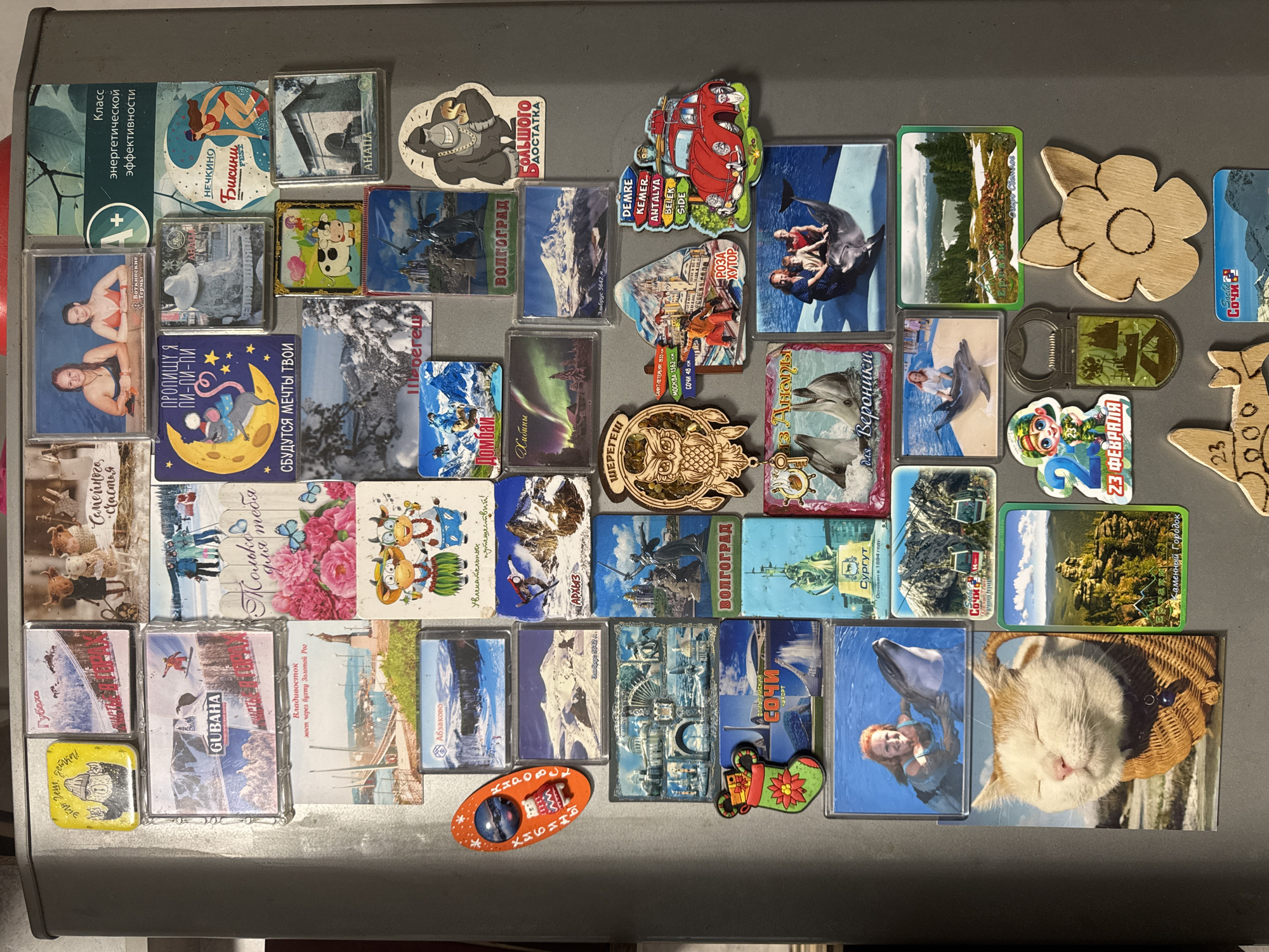 The image is a view of a refrigerator door covered with magnets. The magnets are various sizes and shapes, and they depict a variety of images, including landscapes, buildings, animals, and people. Some of the magnets are labeled with city names, including "Volgograd", "Sochi", "Gubaha", "Arkhyz", "Sheregesh", and "Vladivostok". One magnet has text indicating the energy efficiency class of something. There are also some wooden cutout magnets in the shape of flowers, an owl, and an airplane. The location of Chaikovsky, Russia is not evident in the image.