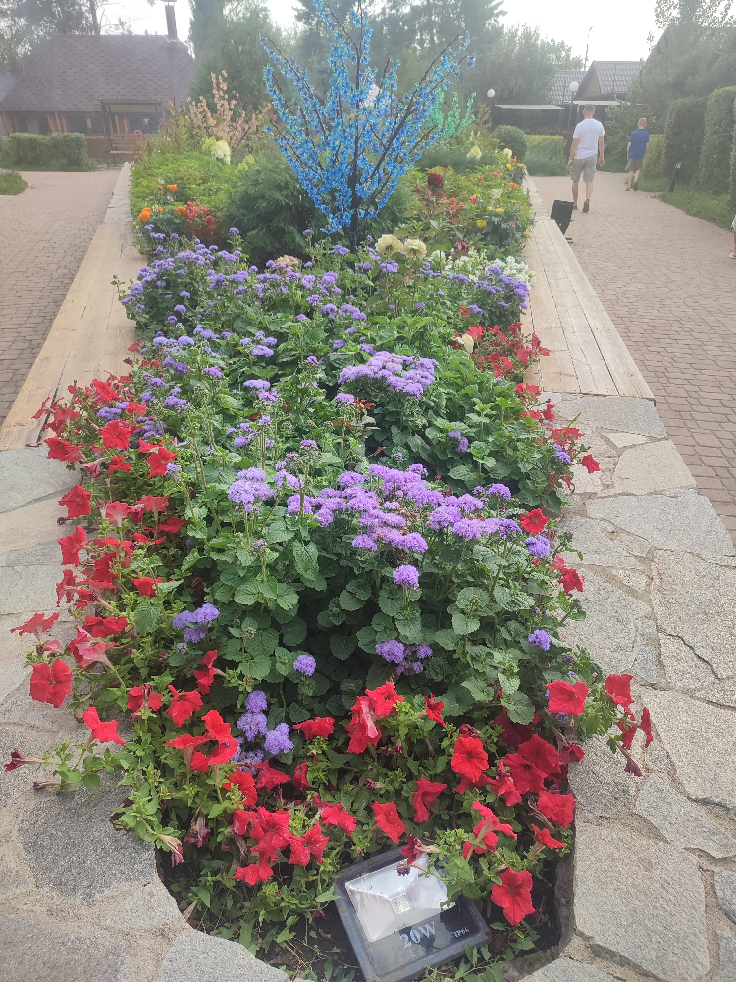 In the city of Baisuak, Kazakhstan, a vibrant flower bed lines a stone-paved walkway. Red petunias and purple ageratum flowers are in full bloom, creating a striking contrast against the greenery. In the background, two men walk along the path, one in a white t-shirt and khaki shorts, the other in a blue t-shirt and dark shorts. A rustic wooden structure with a brown roof is visible to the left, and a decorative blue tree sculpture stands among the flowers. A floodlight with "20W IP66" labeling is placed at the base of the flower bed. The scene appears to be an outdoor public space, possibly a park or garden.