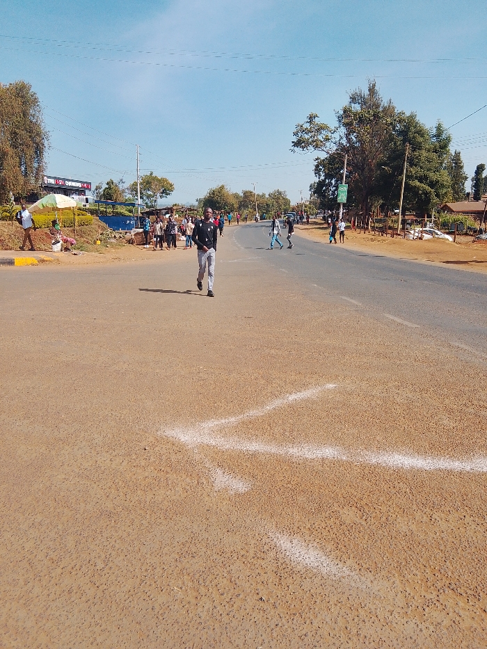 A wide, sunlit road dominates the scene with a man walking towards the camera. White arrow markings are visible on the road surface. The roadside includes trees and pedestrian activity. On the left, a structure appears to house a business. The sky is clear and blue. The scene suggests a rural or suburban environment.