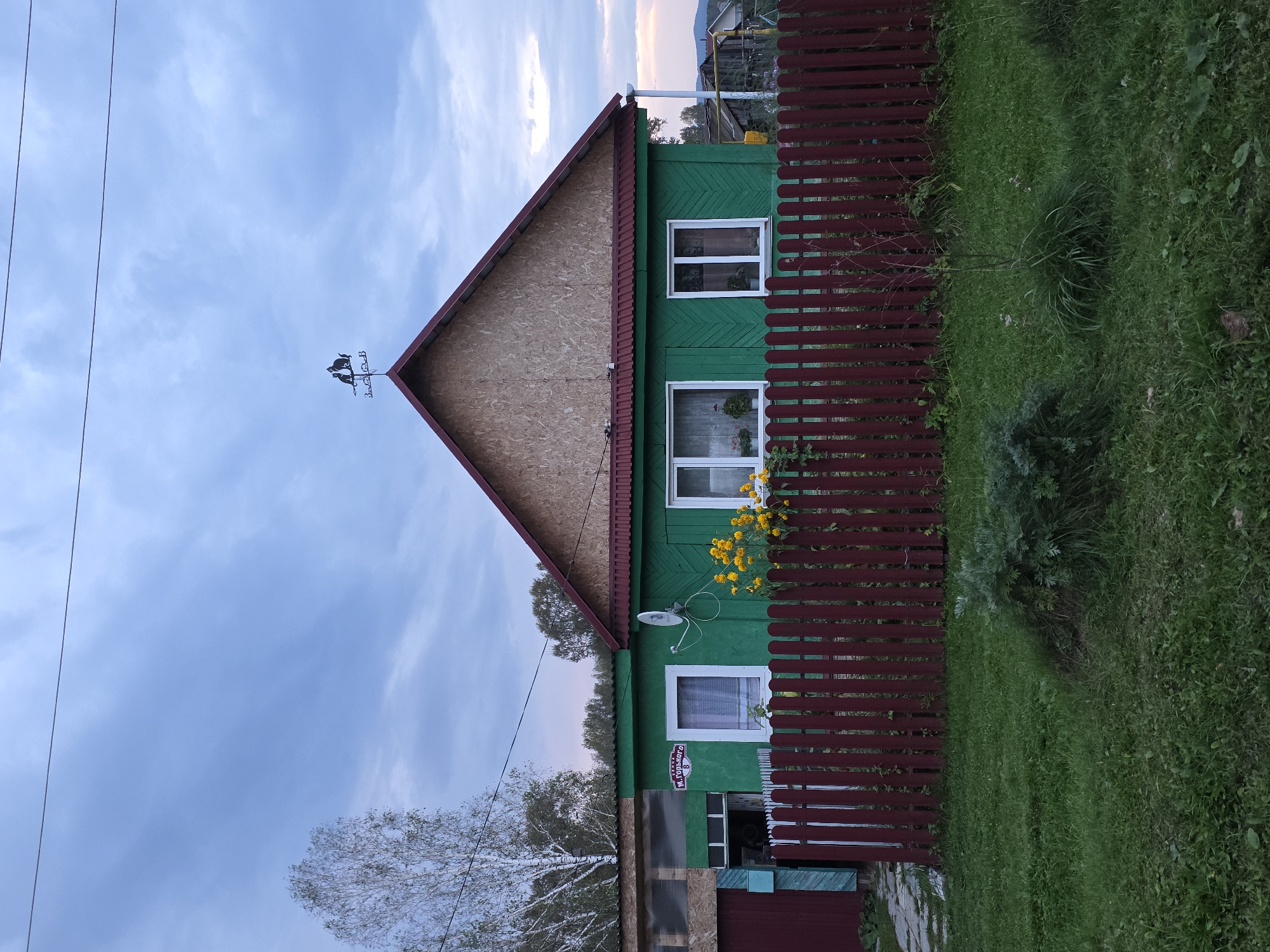 The image depicts a green wooden house in Magnitka, Russia, with a red picket fence in front. The house has a red metal roof and a gabled section covered with oriented strand board (OSB). There are three white-framed windows on the front of the house, two of which have plants on their sills. A satellite dish is mounted on the wall to the left of the windows. Above the gable, a weather vane with two cat figures is visible against a cloudy sky. To the left of the house, a dark red gate leads to a yard. A stone path runs from the gate towards the house. Yellow flowers are blooming in front of the fence. The foreground is a grassy lawn with some bushes and weeds. A tall, slender tree with white bark stands to the left of the house, and other trees are visible in the background. The sky is overcast with hues of blue and grey, with hints of pink and orange near the horizon, suggesting either sunrise or sunset. A utility wire is visible stretching across the top of the frame. A sign with Cyrillic lettering, "ул. М. ГОРЬКОГО 8", is affixed to the house above the leftmost window.