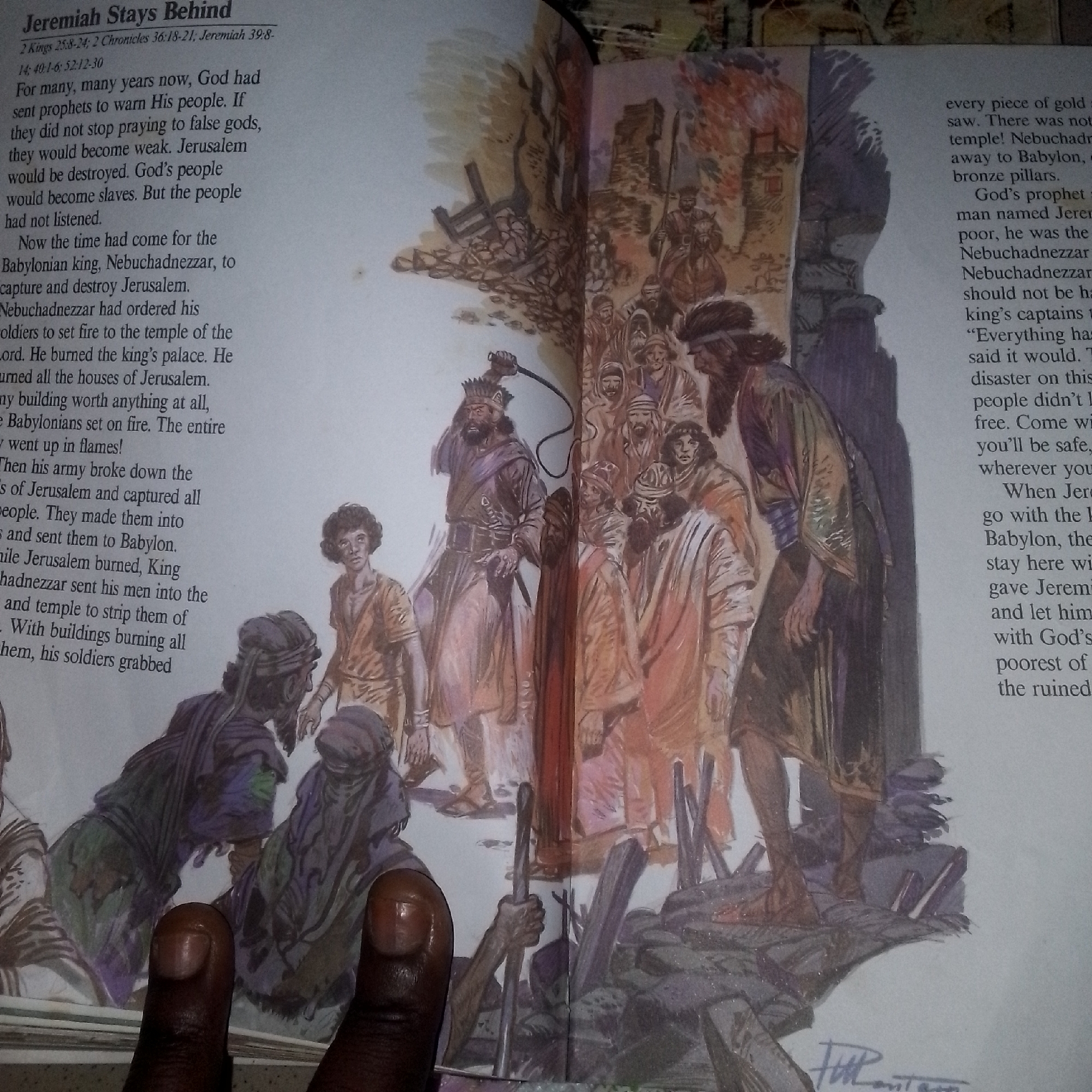 The image depicts a scene from the book of Jeremiah, with text on the left and an illustration on the right. The illustration shows a crowd of people in what appears to be a destroyed city. The city is in ruins, with debris scattered around. In the foreground, several figures are depicted in various states of distress, with one man holding a whip over others. The text on the left describes the destruction of Jerusalem by Nebuchadnezzar and the subsequent exile of its people to Babylon. The illustration likely complements this narrative by visually representing the devastation and the capture of the people. The specific location within the city is not identifiable, and the time period is implied to be ancient.