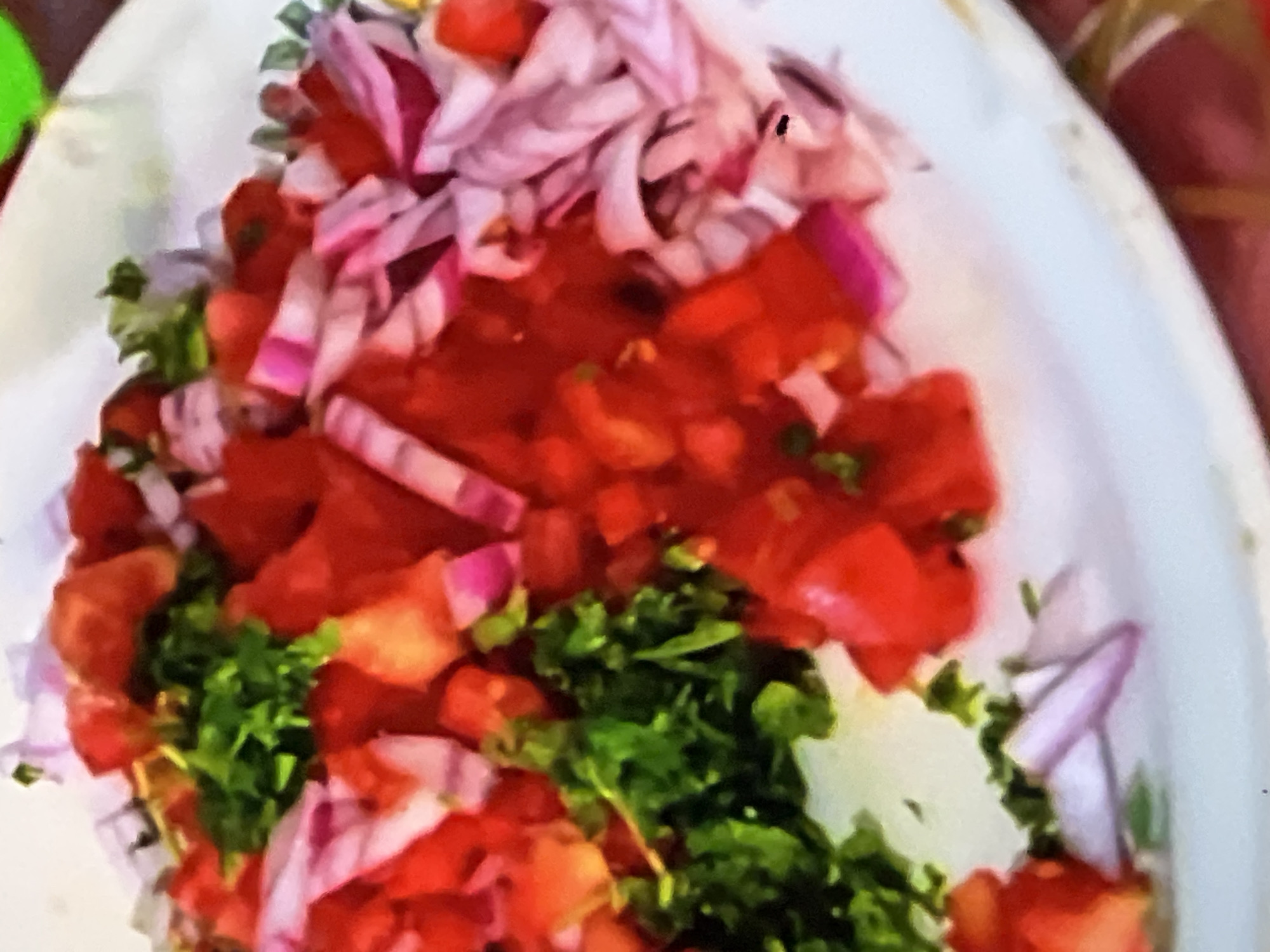 This is a close-up, overhead shot of a white plate filled with chopped tomatoes, sliced red onions, and chopped parsley. The dish appears to be a fresh salsa or salad. The lighting is bright, and the image is slightly out of focus. There is no visible indication of the city of Casablanca, Morocco, or any people or actions.