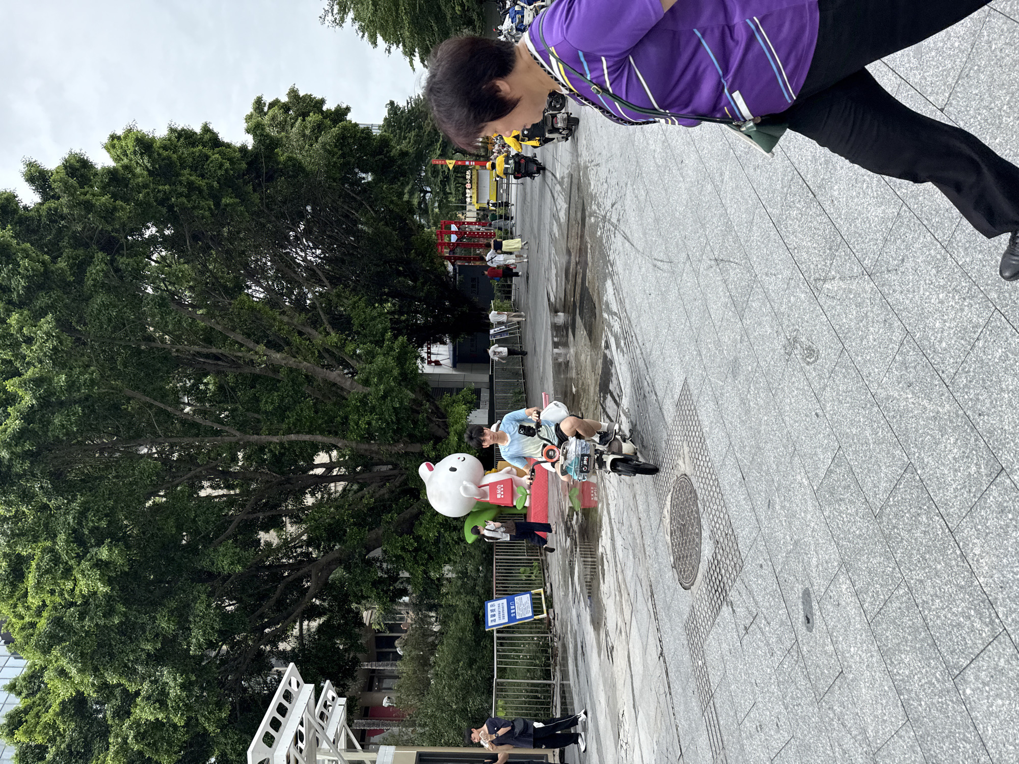 In Haizhu District, China, on a cloudy day, a young man rides a white electric scooter on a wet, paved walkway. He wears a light blue t-shirt and black shorts, with a camera mounted on his chest. The scooter has a basket on the front filled with bags. To his left, a large, white cartoon rabbit statue with red accents stands prominently. Behind the statue, a tall tree with dense green foliage shades the area. To the right of the frame, a woman in a purple shirt and black pants walks away from the camera, carrying a green bag. In the background, other individuals and vehicles, including a few motorcycles, are visible on a street further back. The walkway is constructed of large, light gray stone tiles, and several puddles reflect the overcast sky.