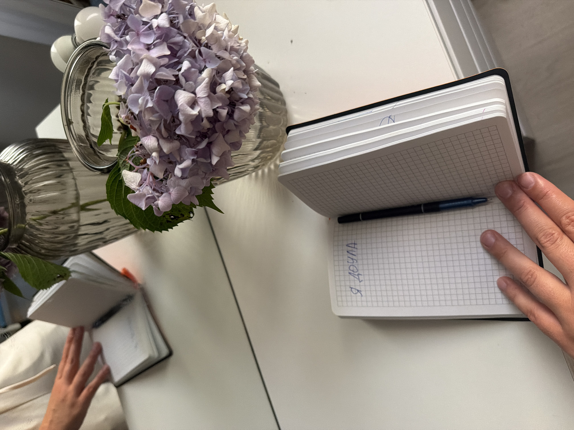 A close-up shot captures a table with a white surface, bathed in soft, diffused light, suggesting an indoor setting possibly during the daytime. On the left side of the frame, a clear glass vase holds a bouquet of light purple hydrangeas, their delicate petals creating a soft floral accent. To the right of the flowers, an open notebook with graph-lined pages is displayed. A dark blue pen rests horizontally across the open pages. A person's hand, with manicured nails, is visible on the right side of the notebook, their fingers gently holding the pages open. Another open notebook with a black cover is partially visible in the background, to the left of the main notebook. The scene appears to be set in Sochi, Russia. The handwriting on the open notebook reads "Я дошла" in blue ink. The overall mood is calm and introspective, perhaps indicating a moment of writing or reflection.