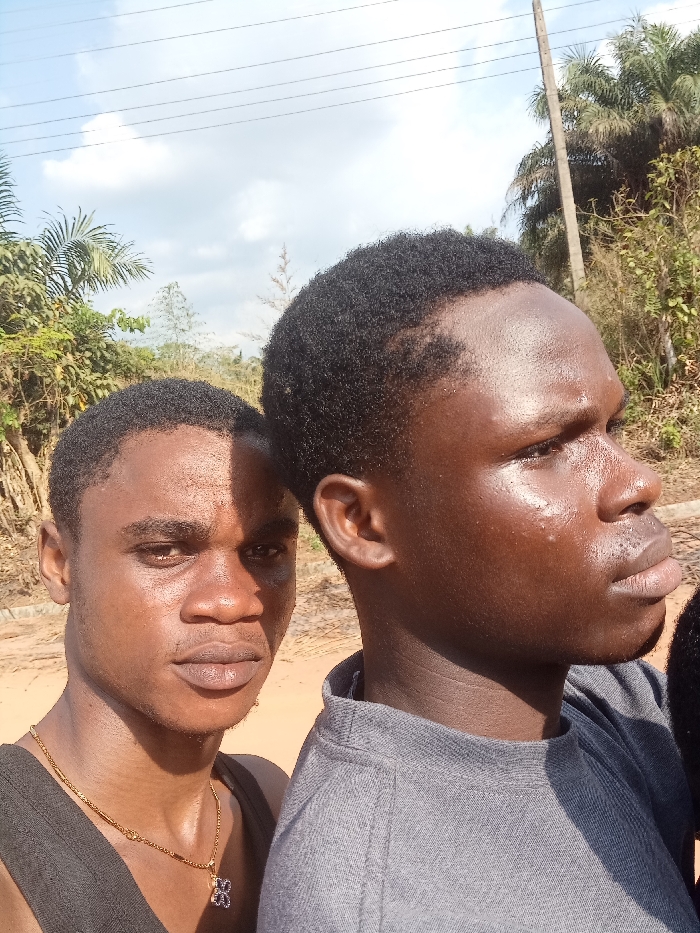 The image displays two young Black males outdoors in Omicha Umu Awada, Nigeria. The individual in the foreground, positioned on the right, is shown in profile, facing right. He wears a grey crew-neck shirt, and his skin exhibits a visible sheen consistent with sweat or oil. The second individual, partially obscured behind the first and positioned on the left, faces forward towards the viewer. He wears a dark sleeveless garment and a gold-colored chain with a dark, possibly butterfly-shaped, pendant. His face also shows a similar sheen, with the left side partially shadowed. The background features a partly cloudy sky, overhead power lines, and dense green vegetation, including prominent palm trees and other foliage. A utility pole is visible on the right side of the background. The ground visible behind the individuals appears unpaved.