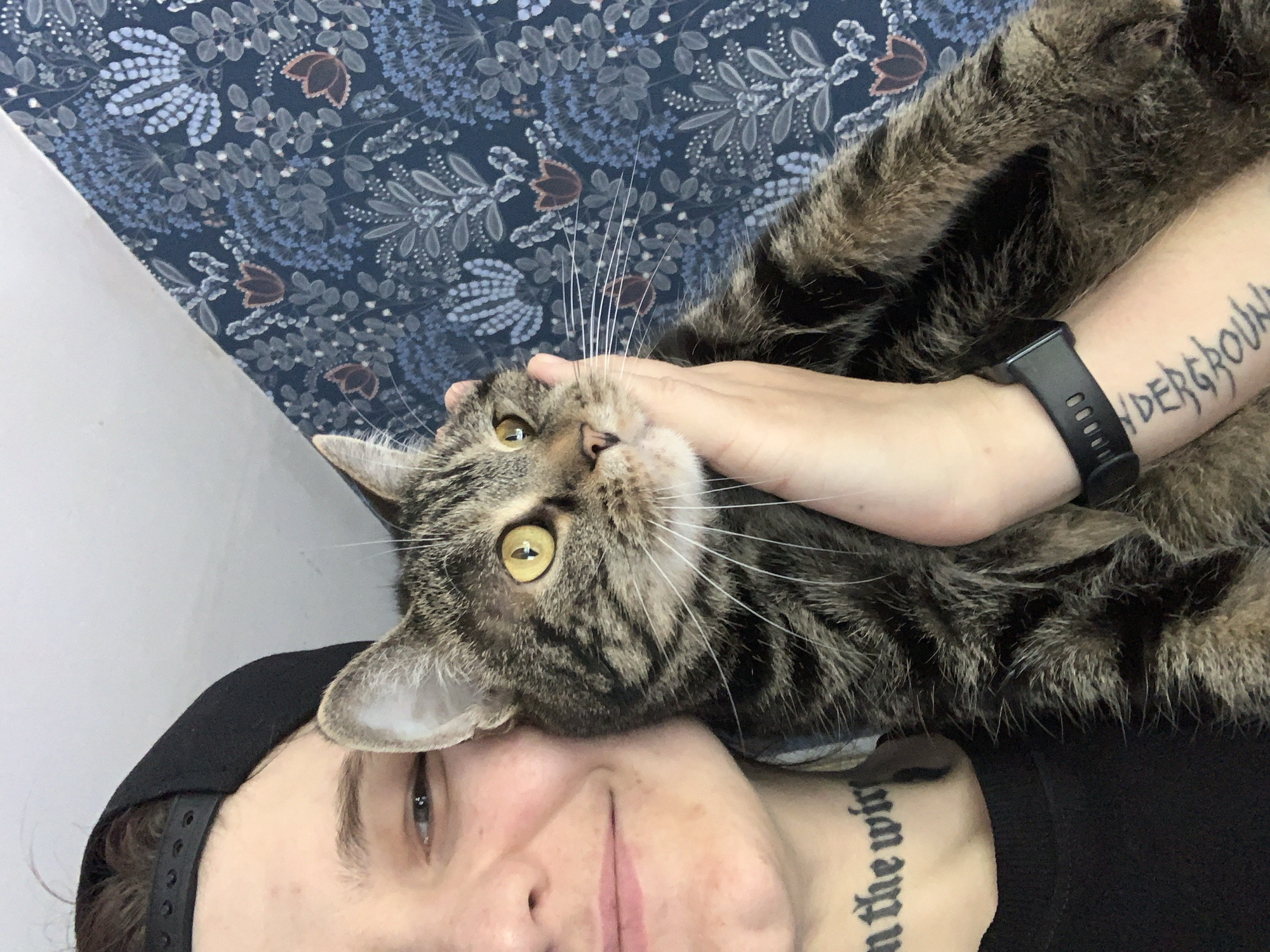 An individual wearing a black baseball cap and a black shirt, with tattoos on their neck and arm, is holding a tabby cat. The individual is smiling and looking towards the camera. The cat is looking to the right. The background features a blue floral wallpaper.