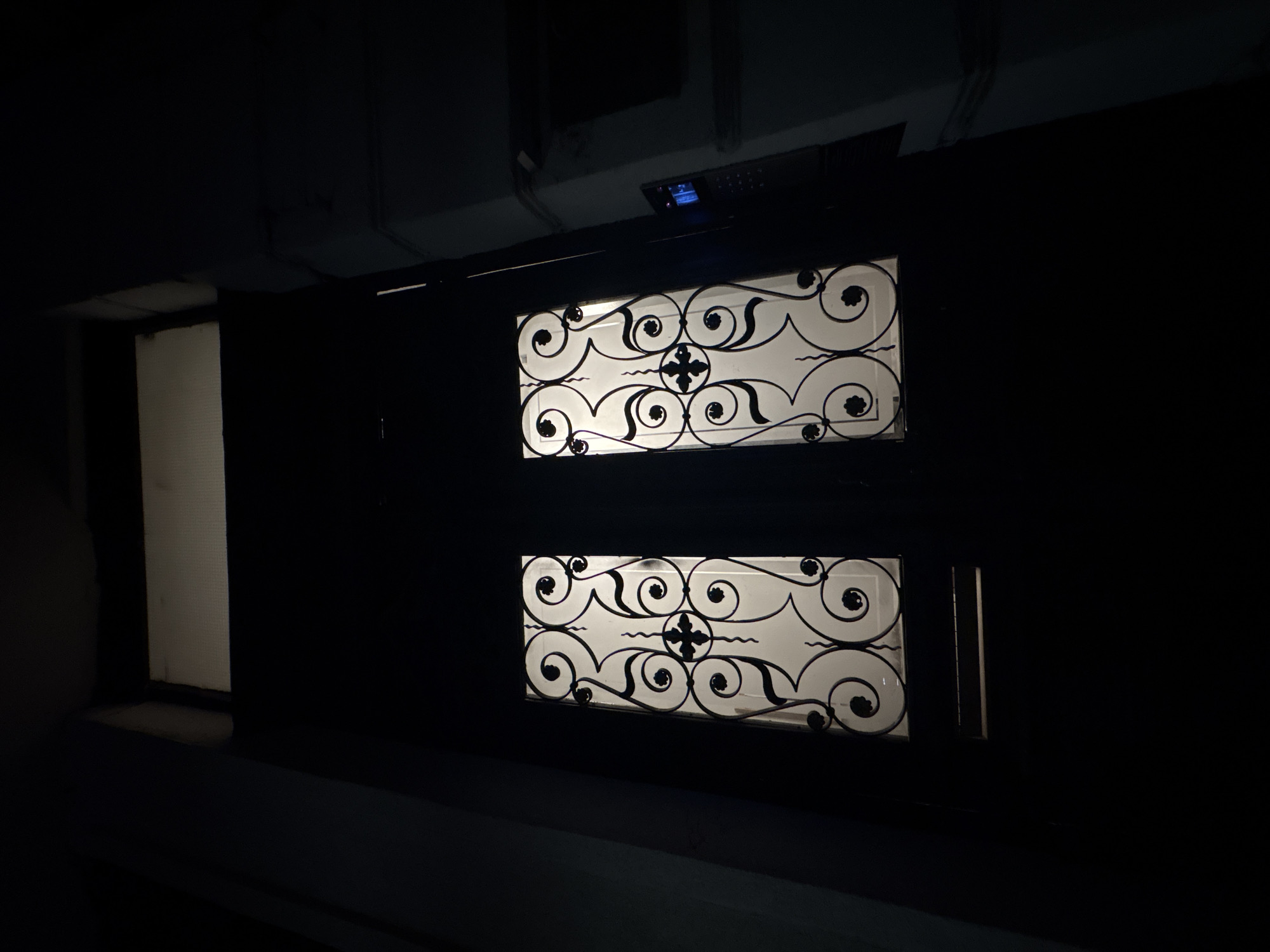The image displays a dimly lit indoor scene, likely a hallway or entrance in Sofia, Bulgaria. The central focus is a dark-colored surface, possibly a door or wall, which features two prominent, horizontally oriented, rectangular illuminated panels. Each panel showcases intricate, dark, wrought-iron-like scrollwork with symmetrical floral and curvilinear patterns, set against a bright, diffused light background. A distinct quatrefoil or cross-like motif is visible in the center of each panel's design.
Above the top illuminated panel, a small electronic device with a bright blue screen is mounted. While specific details on its display are not legible, it appears to be a digital interface or indicator light. To the far left of the frame, a narrow, vertical light source is visible, suggesting an opening to another illuminated space or a tall, slender light fixture. The majority of the surrounding area, including the ceiling, walls, and floor, is submerged in deep shadow, indicating very low ambient light, consistent with an indoor night-time setting or a deliberately dark space. No people or discernible activities are present. There is no legible text visible within the frame.