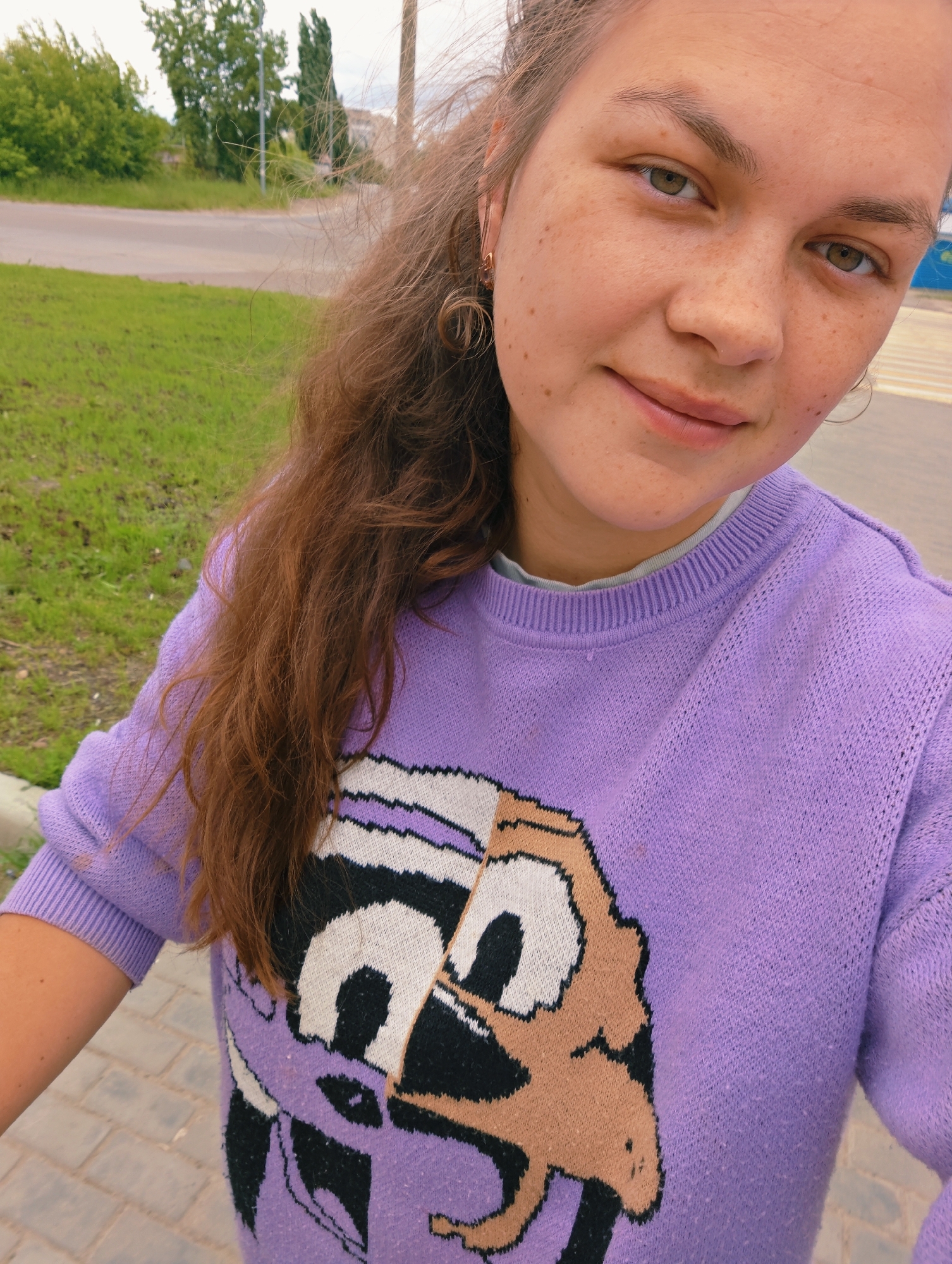 The image depicts a young woman with long, brown, wavy hair and fair skin with freckles, wearing a light purple sweater with a cartoon character graphic. She is outdoors in what appears to be a public area with a paved walkway and a grassy area adjacent to a road. The background shows trees and a utility pole, suggesting an urban or suburban environment. The woman is looking towards the camera with a slight smile. The overall setting suggests a casual outdoor moment captured in Chaikovsky, Russia.