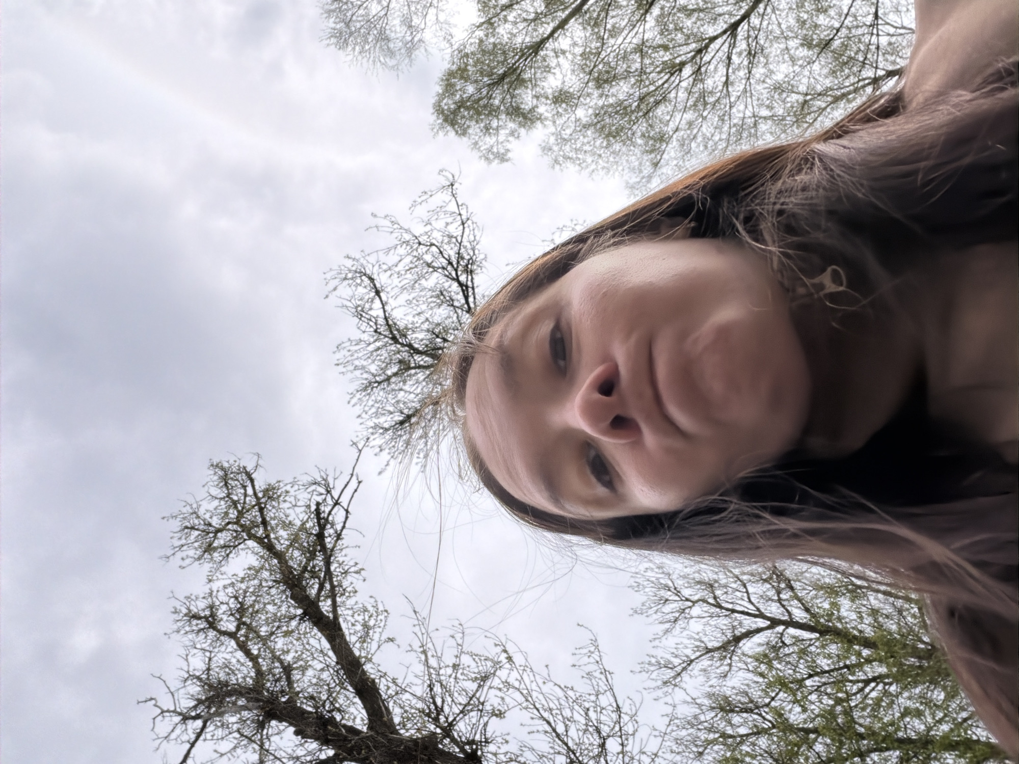 A low-angle selfie shows a person with light skin and brown hair, tilted towards the camera. The background includes bare tree branches against a cloudy sky. The location cannot be determined to be Pavlovo, Russia with the given information.